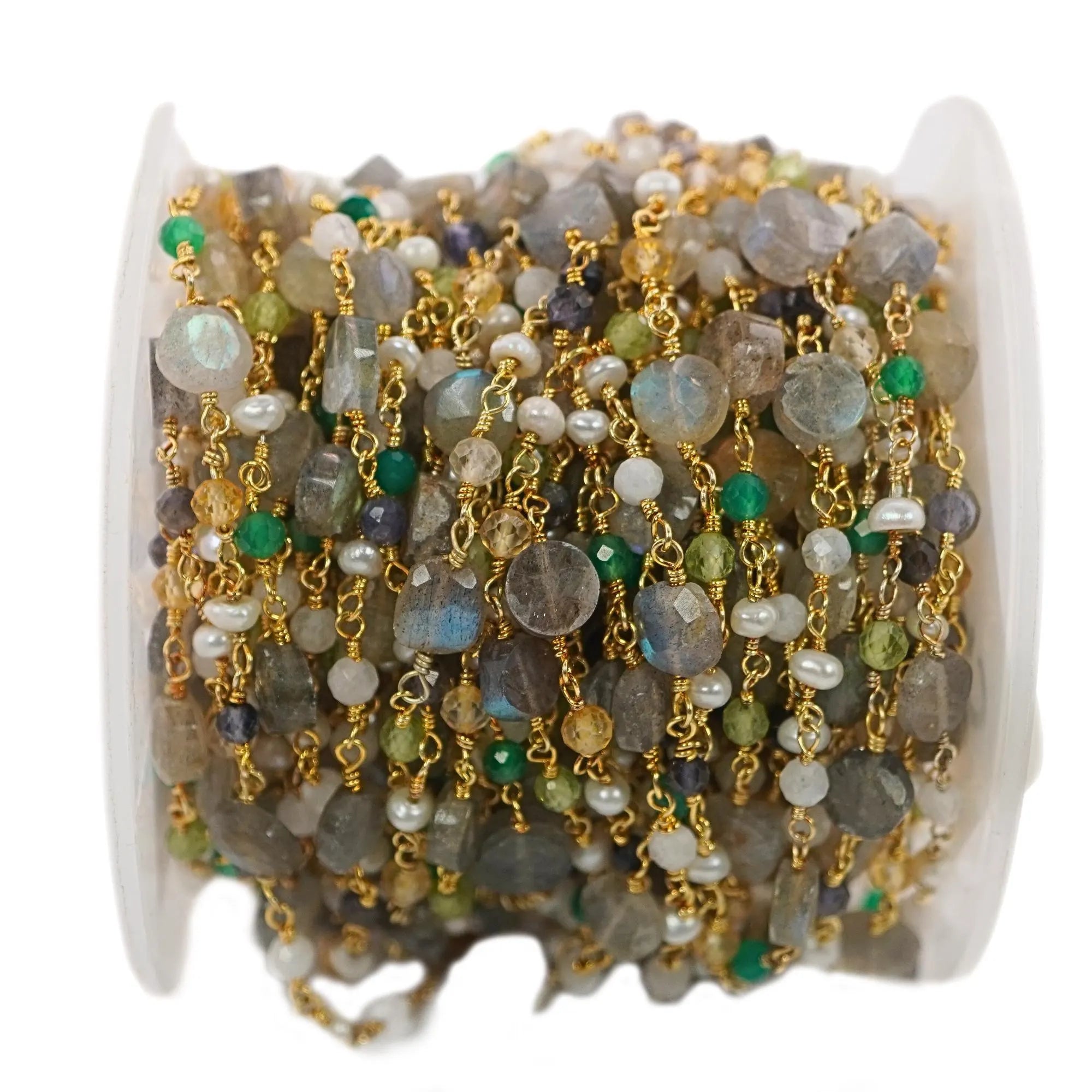 Multi Gemstone  Faceted Round Gold Plated Brass Rosary Chain Beads