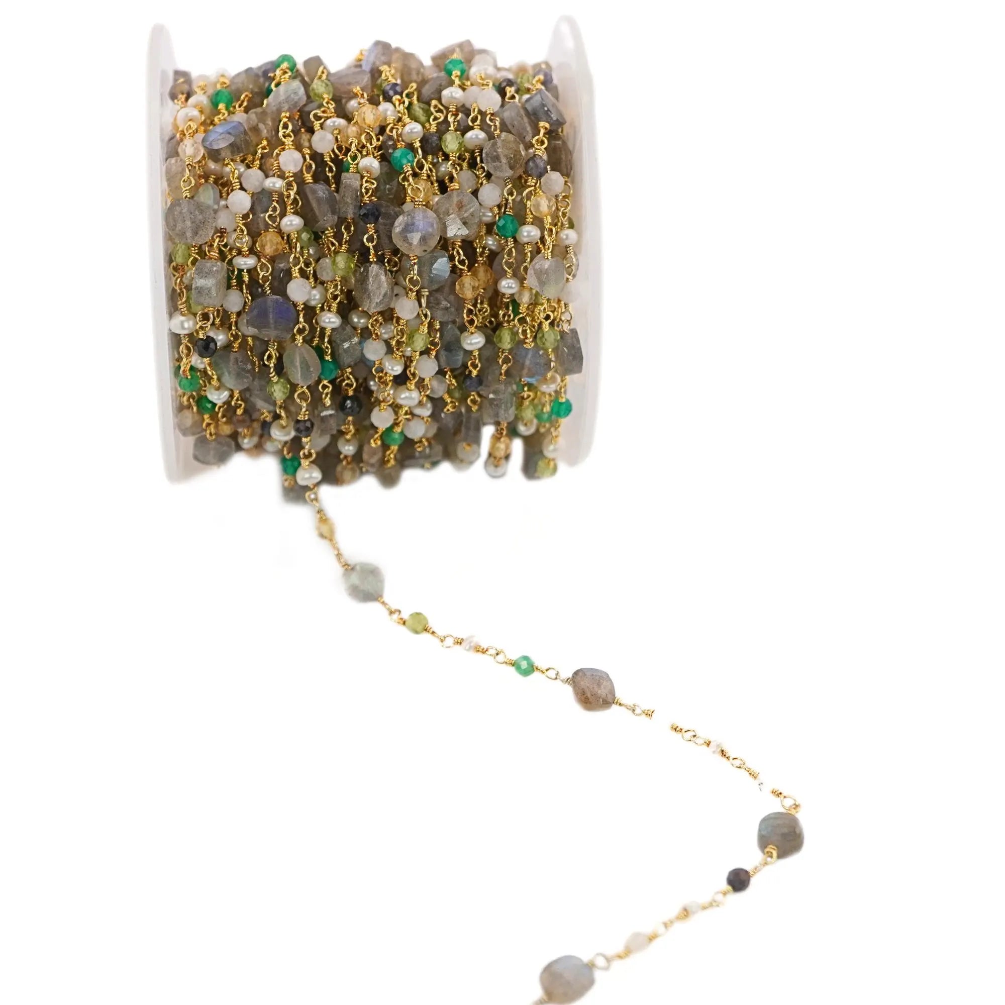 Multi Gemstone  Faceted Round Gold Plated Brass Rosary Chain Beads