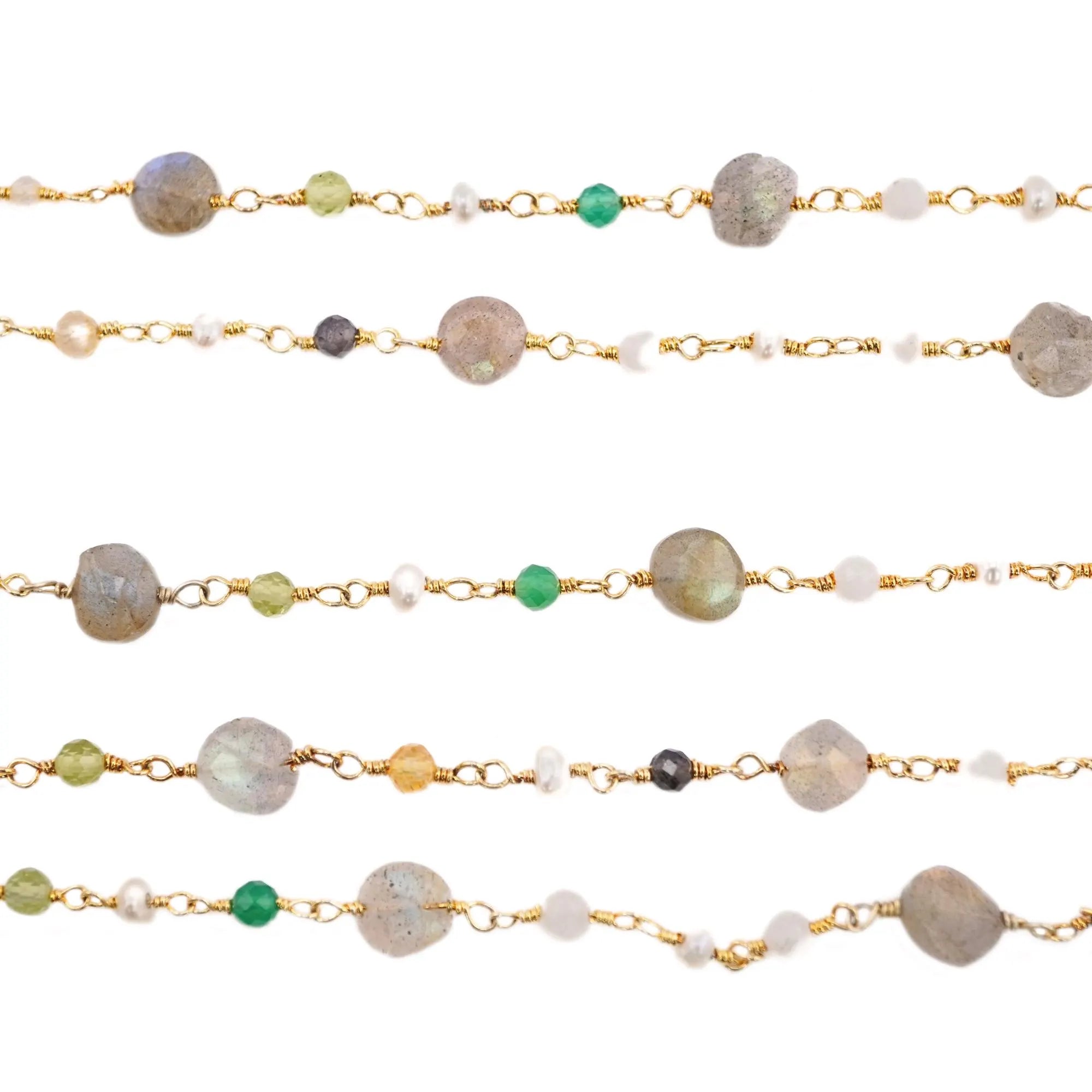 Multi Gemstone  Faceted Round Gold Plated Brass Rosary Chain Beads