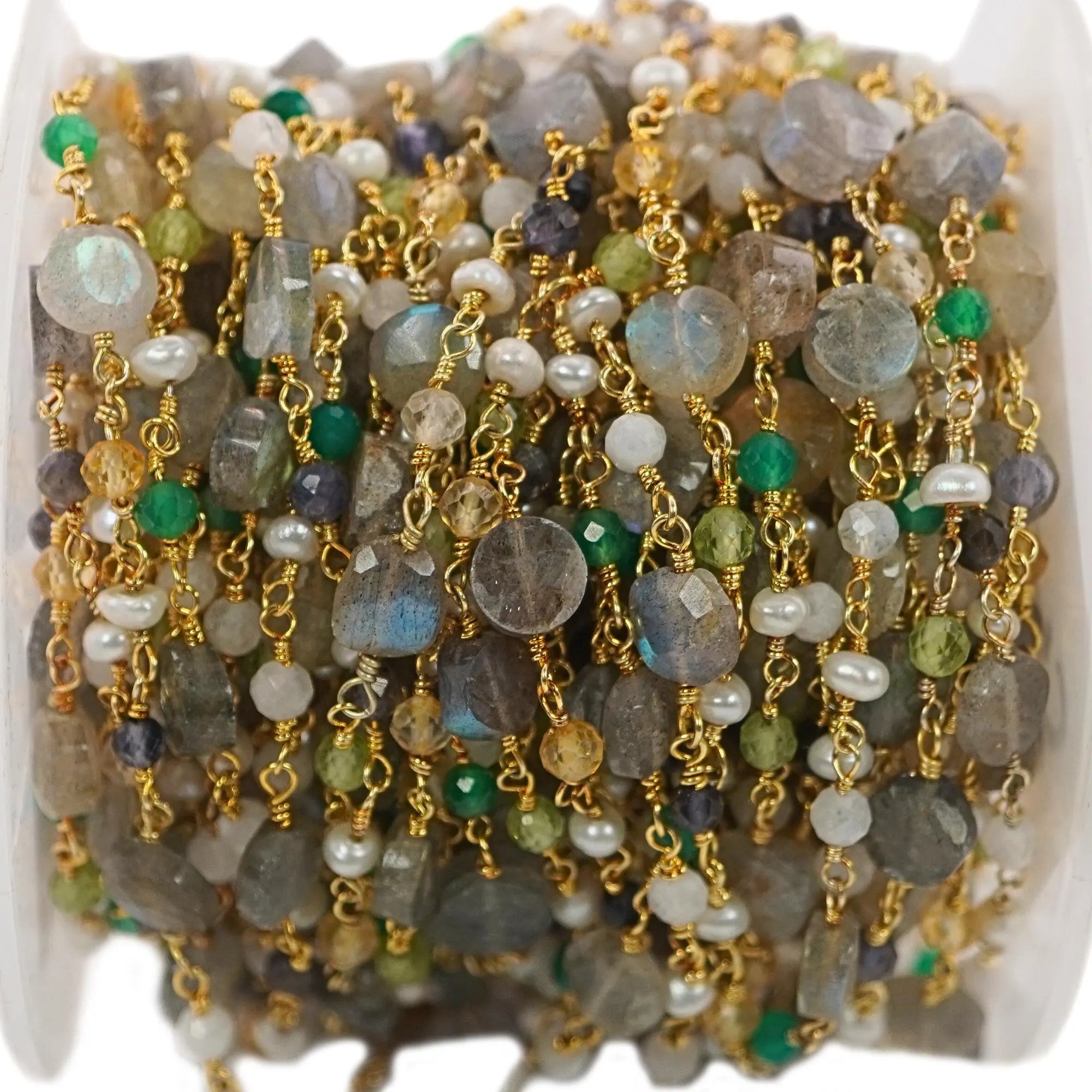 Multi Gemstone  Faceted Round Gold Plated Brass Rosary Chain Beads