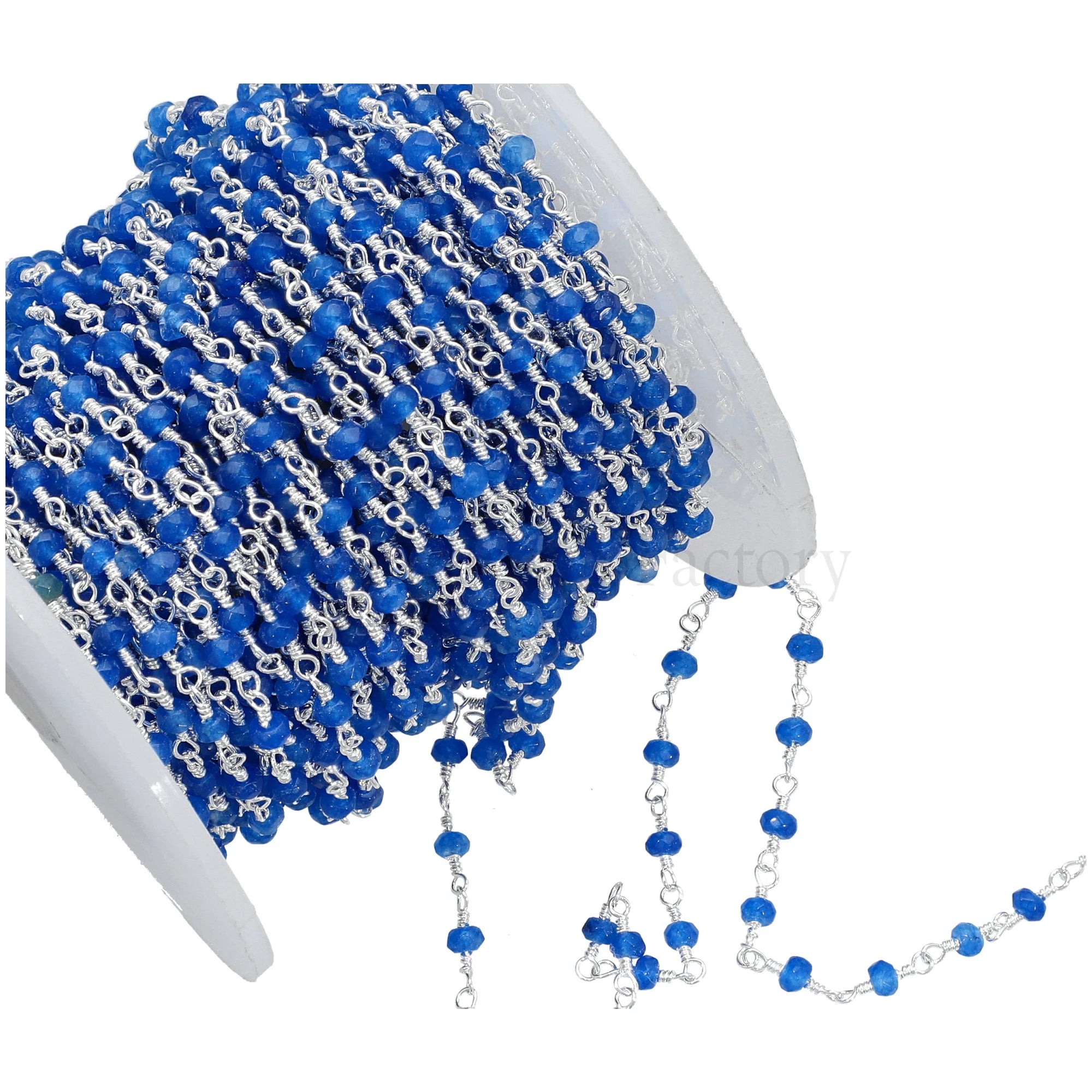 Blue Treated Chalcedony Faceted Rondelle Silver Plated Brass Rosary Beads Chain