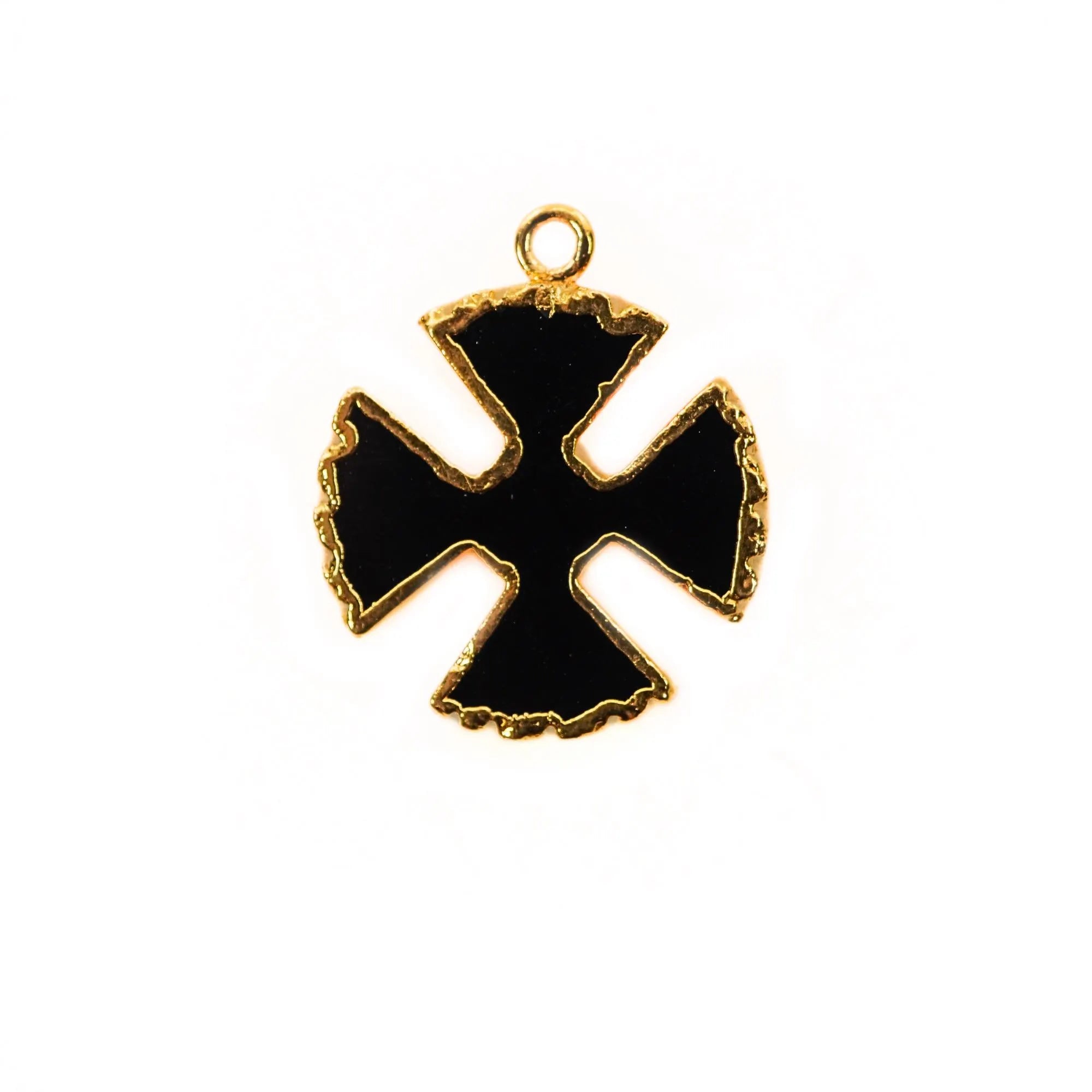 Black Onyx Smooth Viking Cross Shape Gemstone Gold Electroplated Charm Pendant