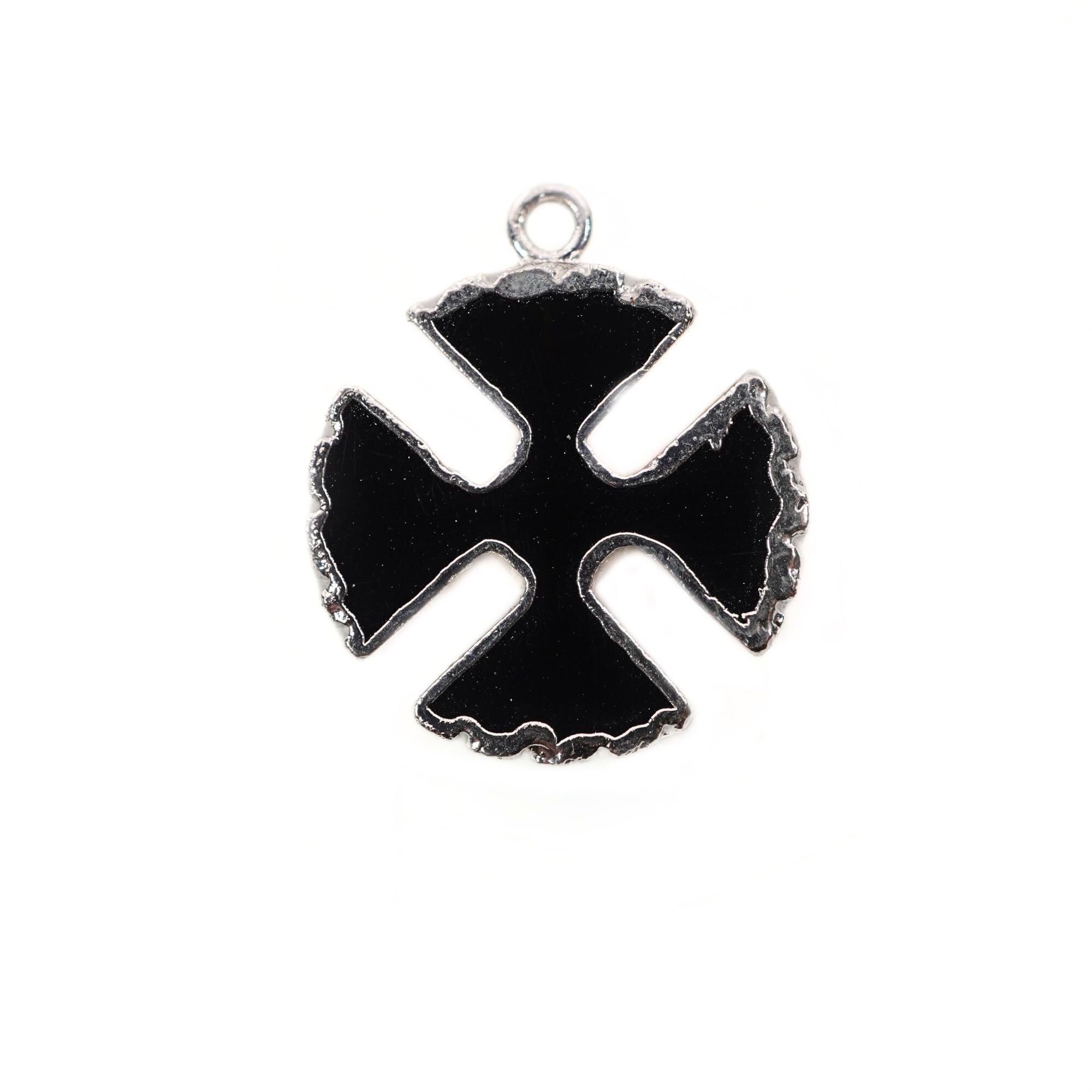 Black Onyx Viking Cross Gemstone Silver Electroplated Charm Pendant