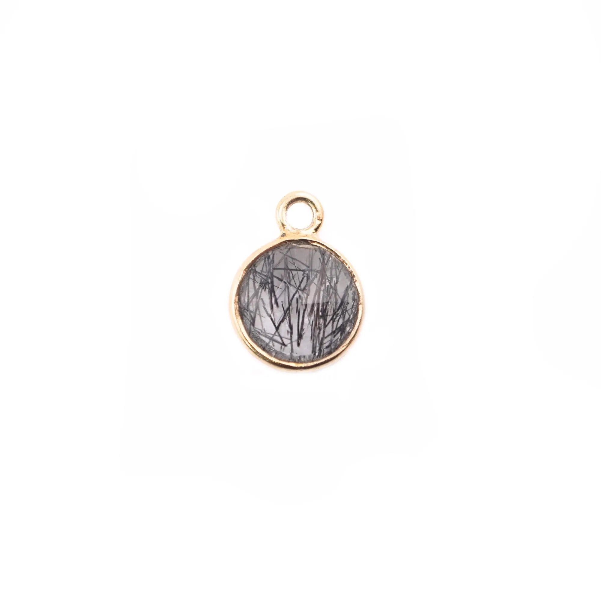 Black Rutile Quartz Coin Shape Gemstone Gold Plated Sterling Silver Bezel Charm Pendant