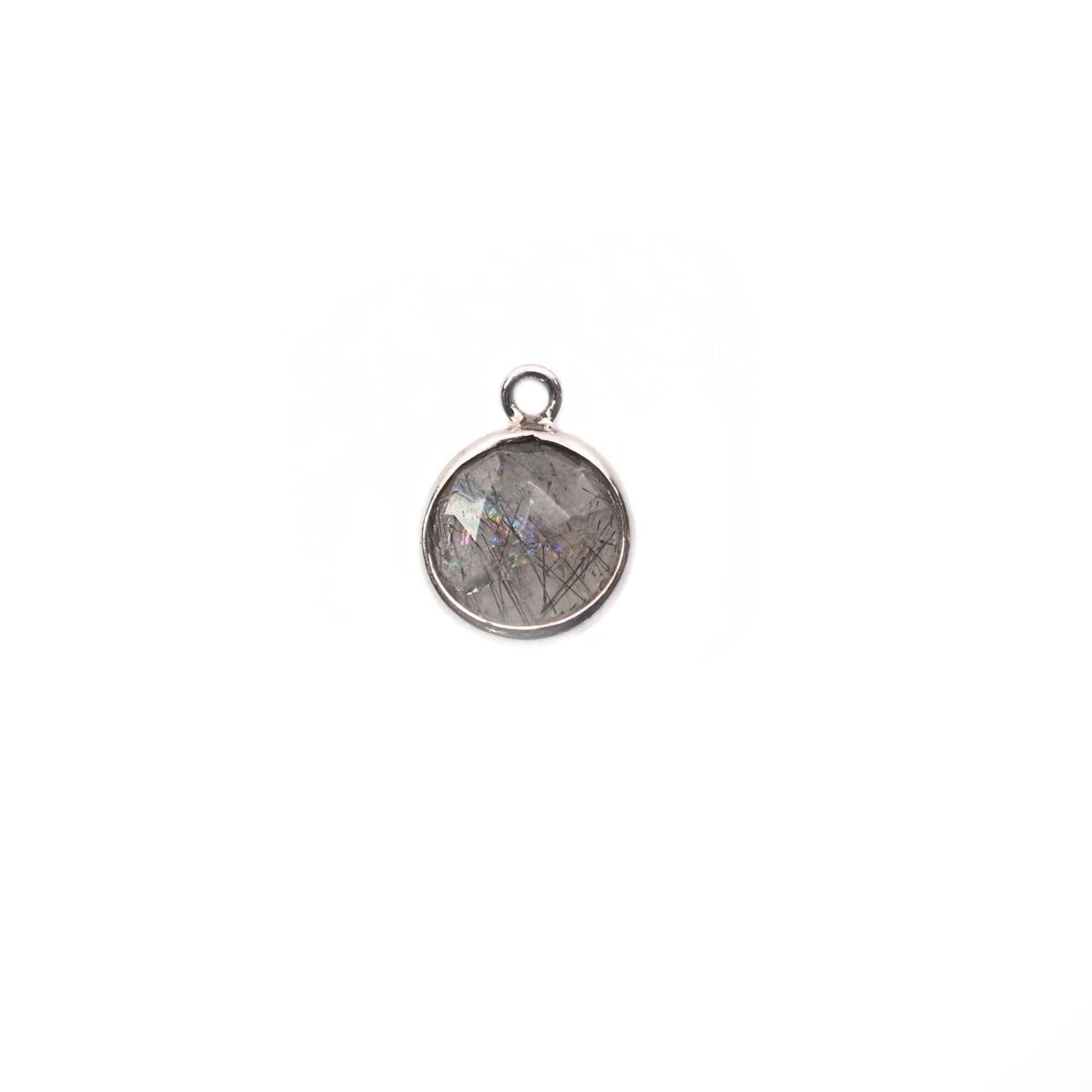 Black Rutile Quartz Coin Shape Gemstone Silver Plated Sterling Silver Bezel Charm Pendant