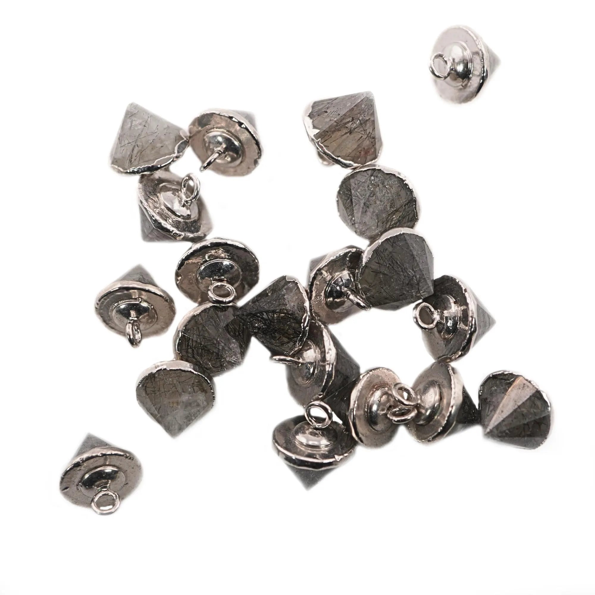 Black Rutile Quartz Pointed Cone Shape Gemstone Silver Electroplated Charm Pendant