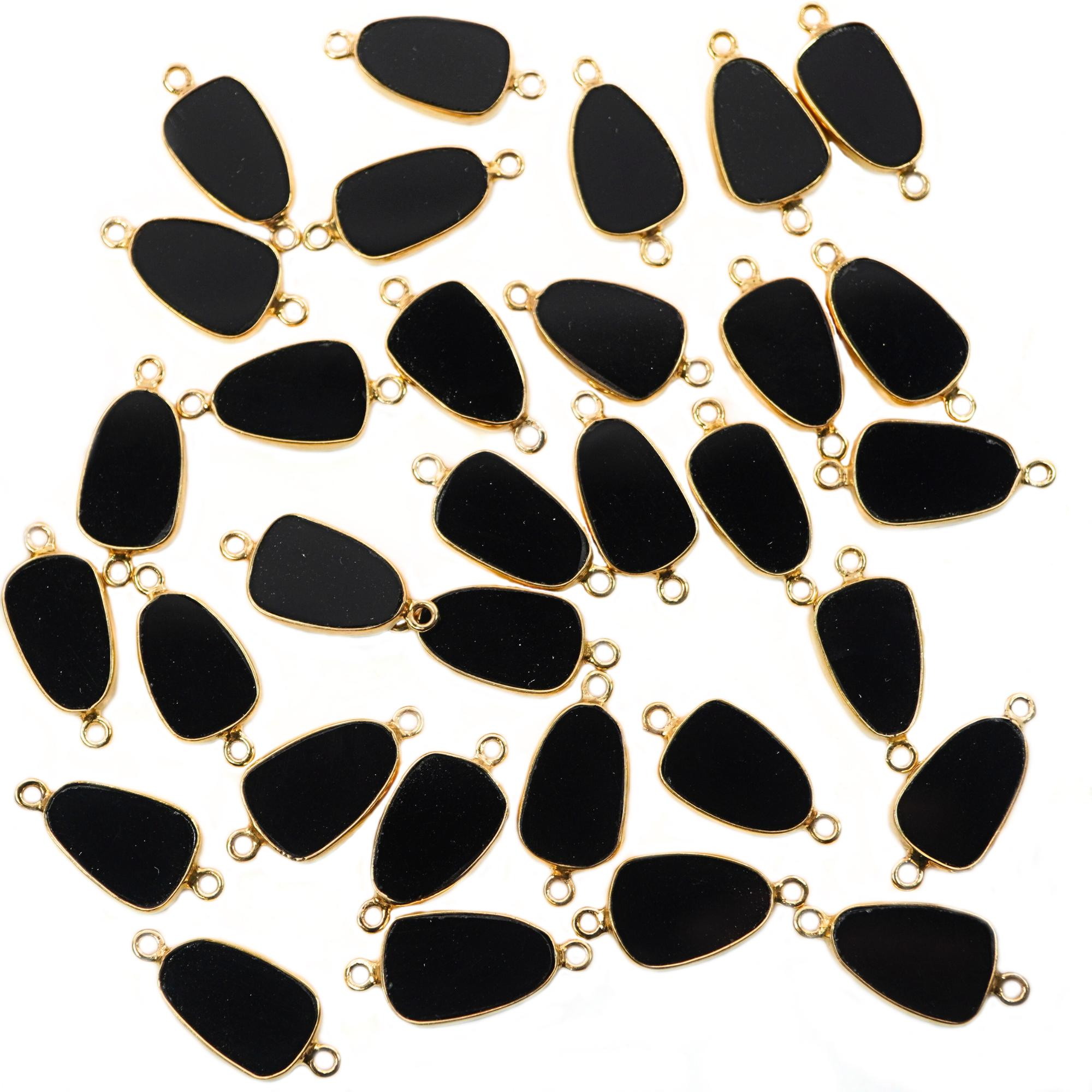 Black Onyx Uneven Shape Gemstone Gold Plated Sterling Silver Bezel Charm Connector