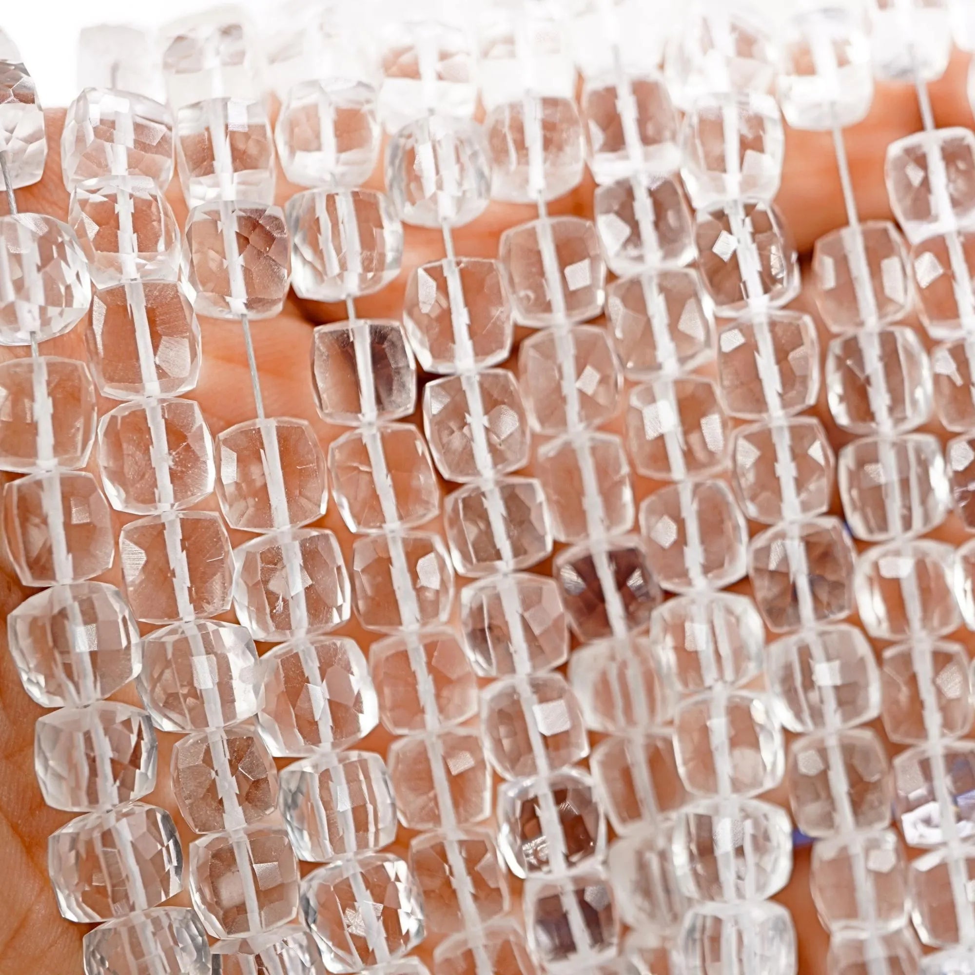 Crystal Quartz Faceted Cube Shape Gemstone Strand Beads
