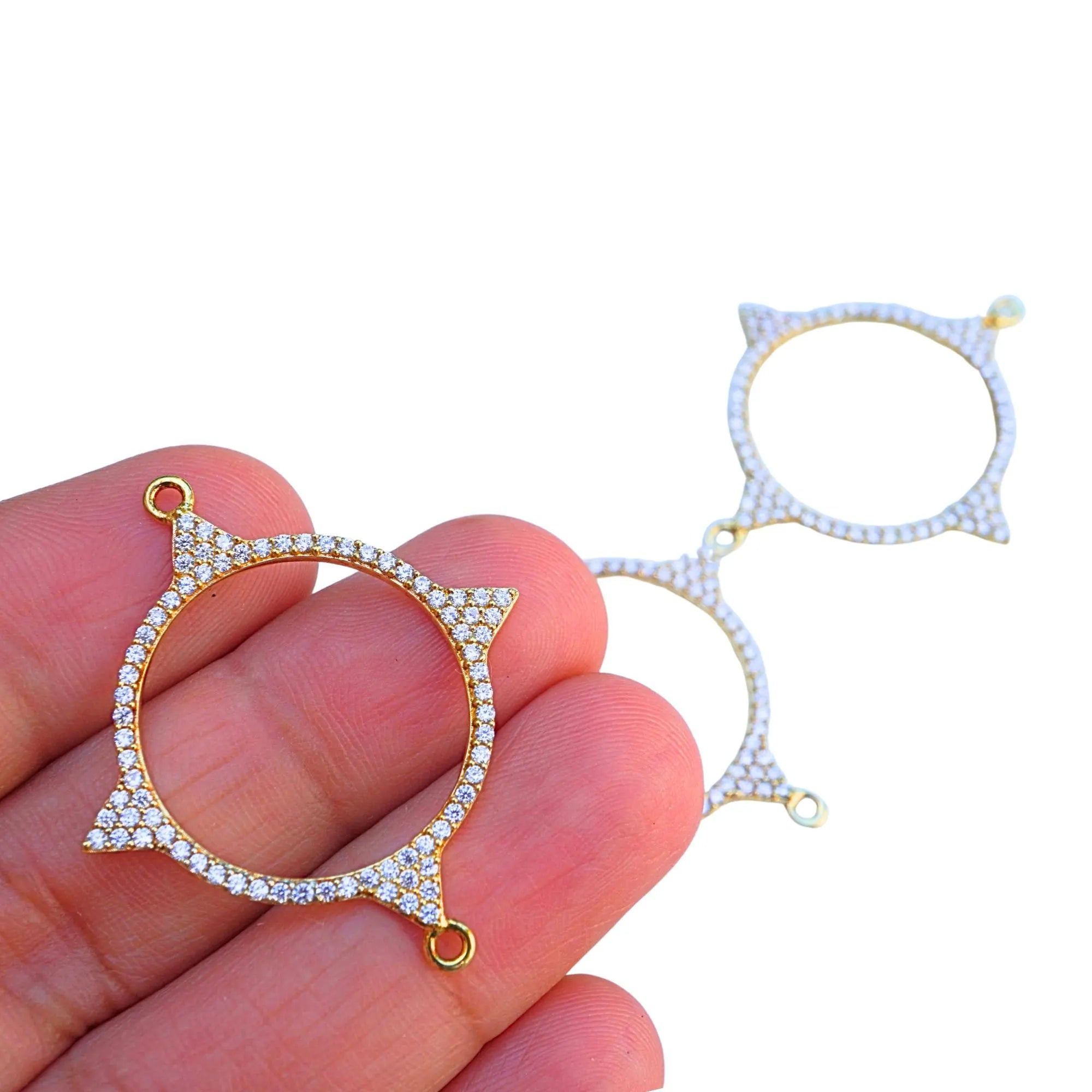 Cubic Zircon Micro Pave Round Shape Sterling Silver Gold Plated Charm Connector