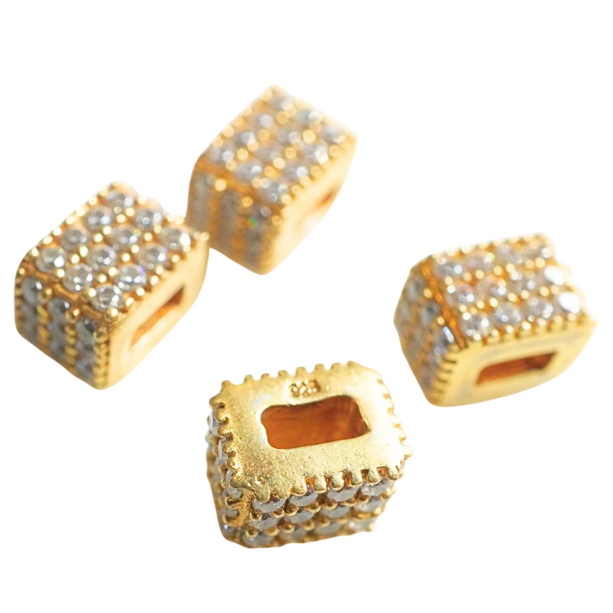 Cubic Zirconia Micro Pave Cube Spacer Beads Gold Plated Sterling Silver