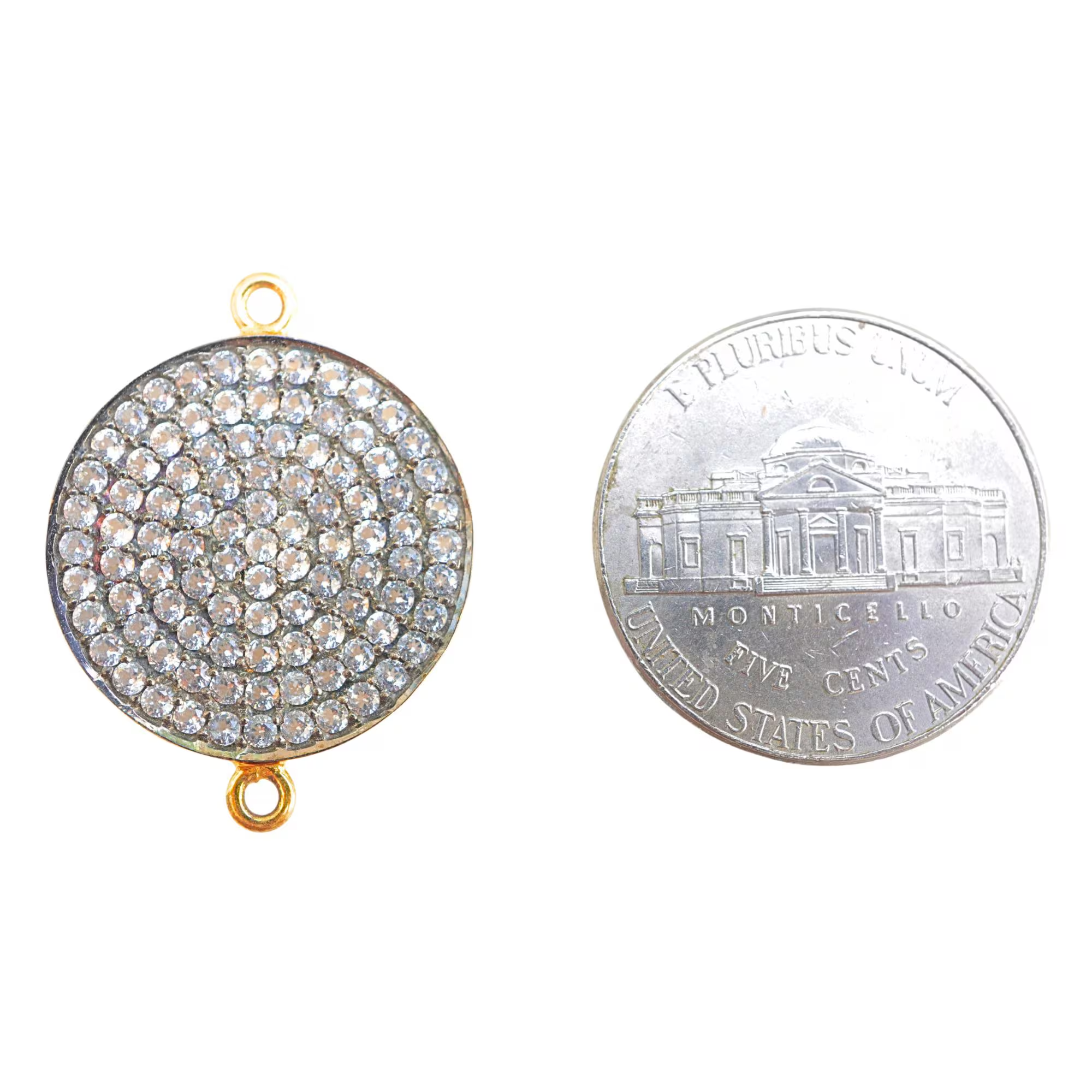 Cubic Zirconia Micro Pave Disc Sterling Silver Gold Plated Charm Connector