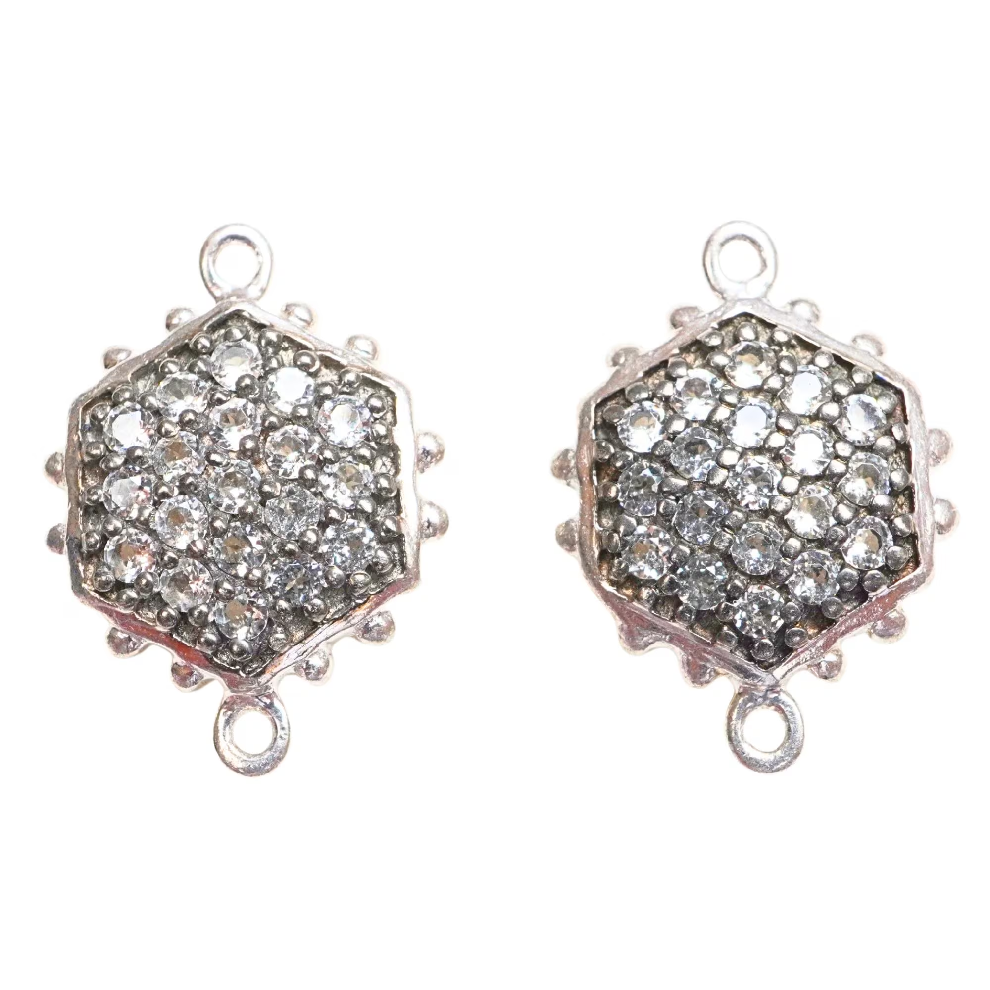 Cubic Zirconia Micro Pave Hexagon Shape Sterling Silver Charm Connector