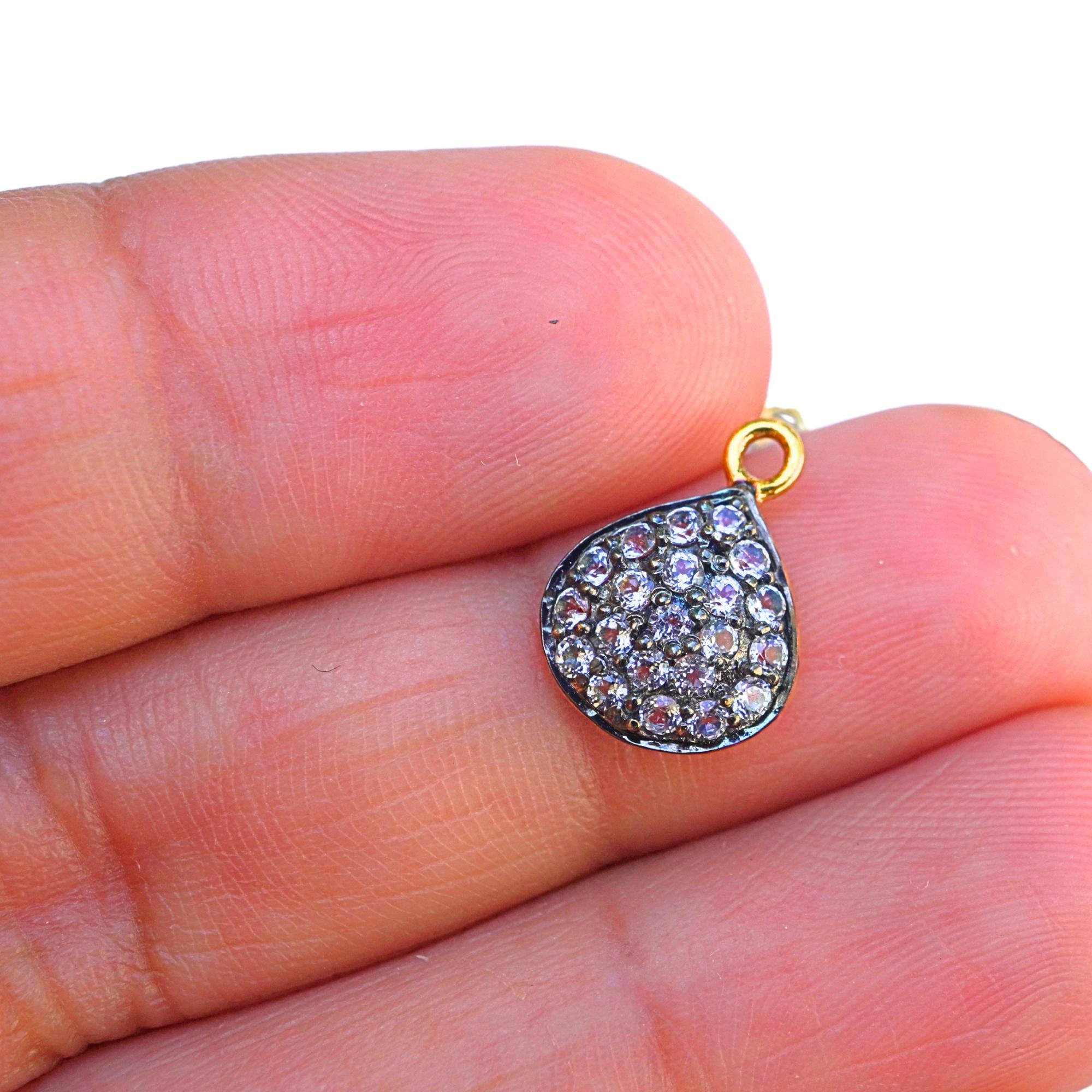 Cubic Zirconia Micro Pave Pear Shape Gold Plated Sterling Silver Charm Pendant