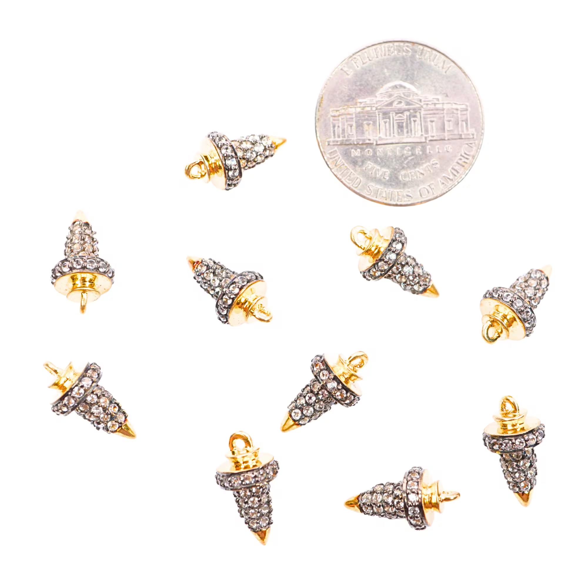 Cubic Zirconia Micro Pave Pointed Cone Gold Plated Sterling Silver Charm Pendant