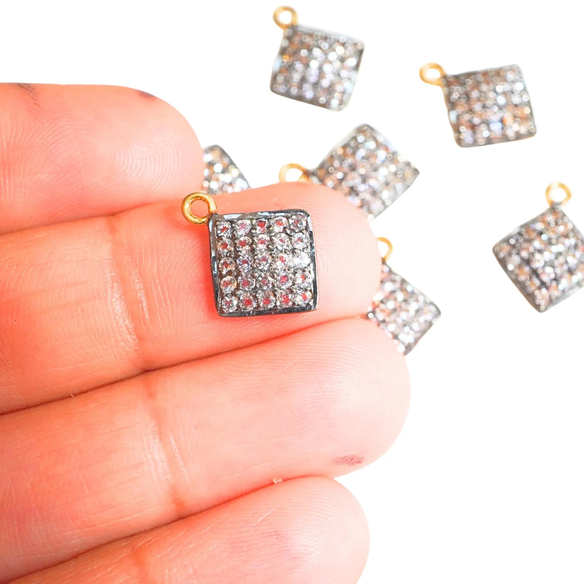 Cubic Zirconia Micro Pave Square Sterling Silver Gold Plated Charm Pendant