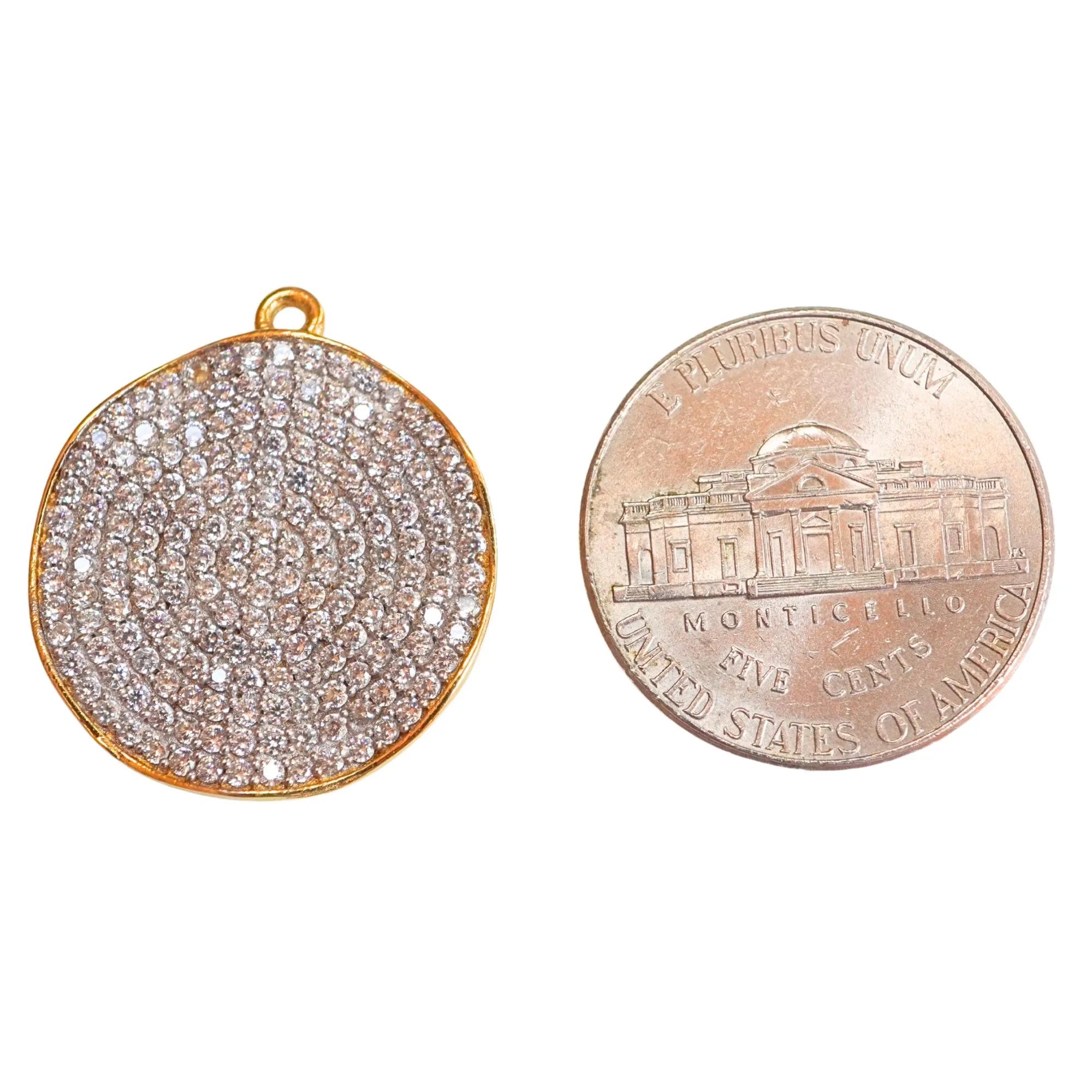 Cubic Zirconia Micro Pave Wavy Disc Sterling Silver Gold Plated Charm Pendant
