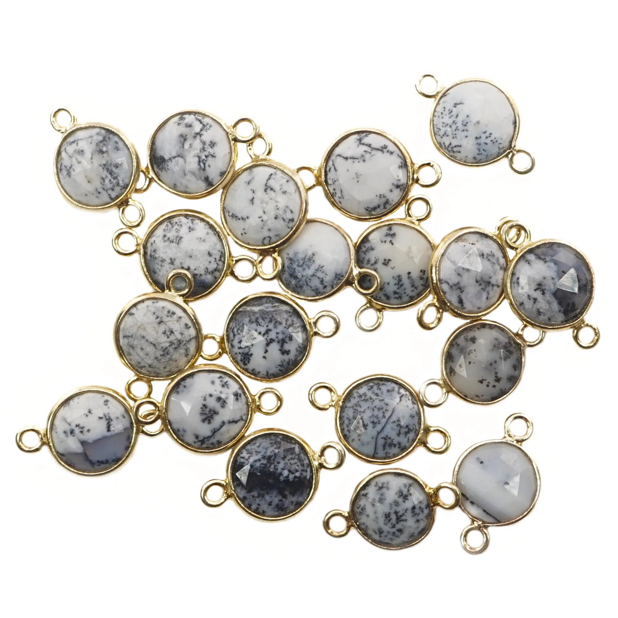Dendrite Opal Coin Shape Sterling Silver Gold Plated Charm Connector