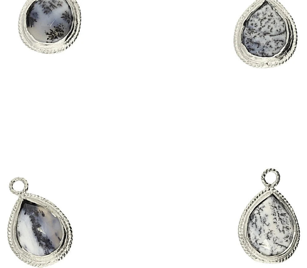 Dendrite Opal Pear Shape Silver Plated Twisted Wire Bezel Pendant Charm