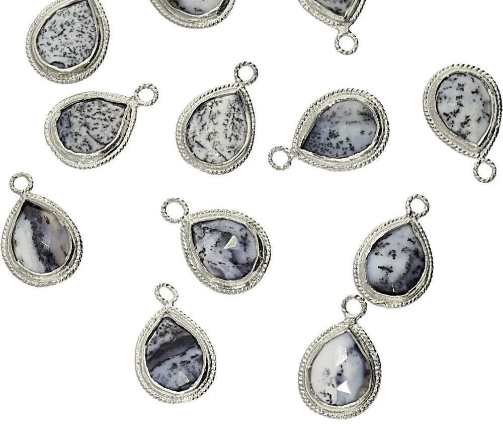 Dendrite Opal Pear Shape Silver Plated Twisted Wire Bezel Pendant Charm