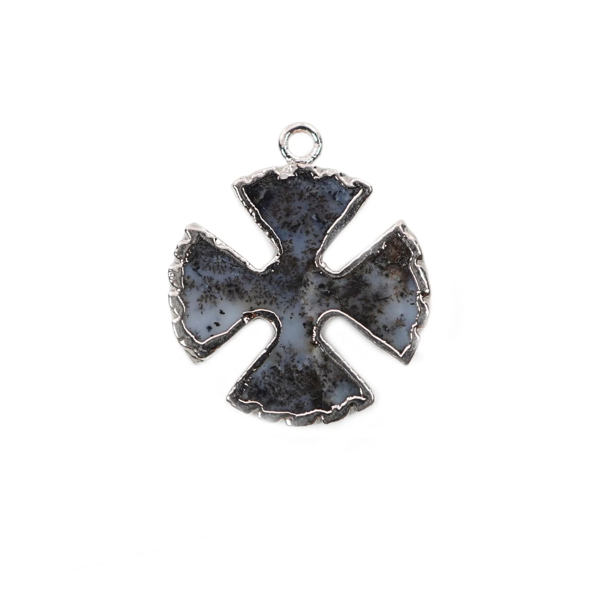 Dendritic Opal Viking Cross Gemstone Silver Electroplated Charm Pendant