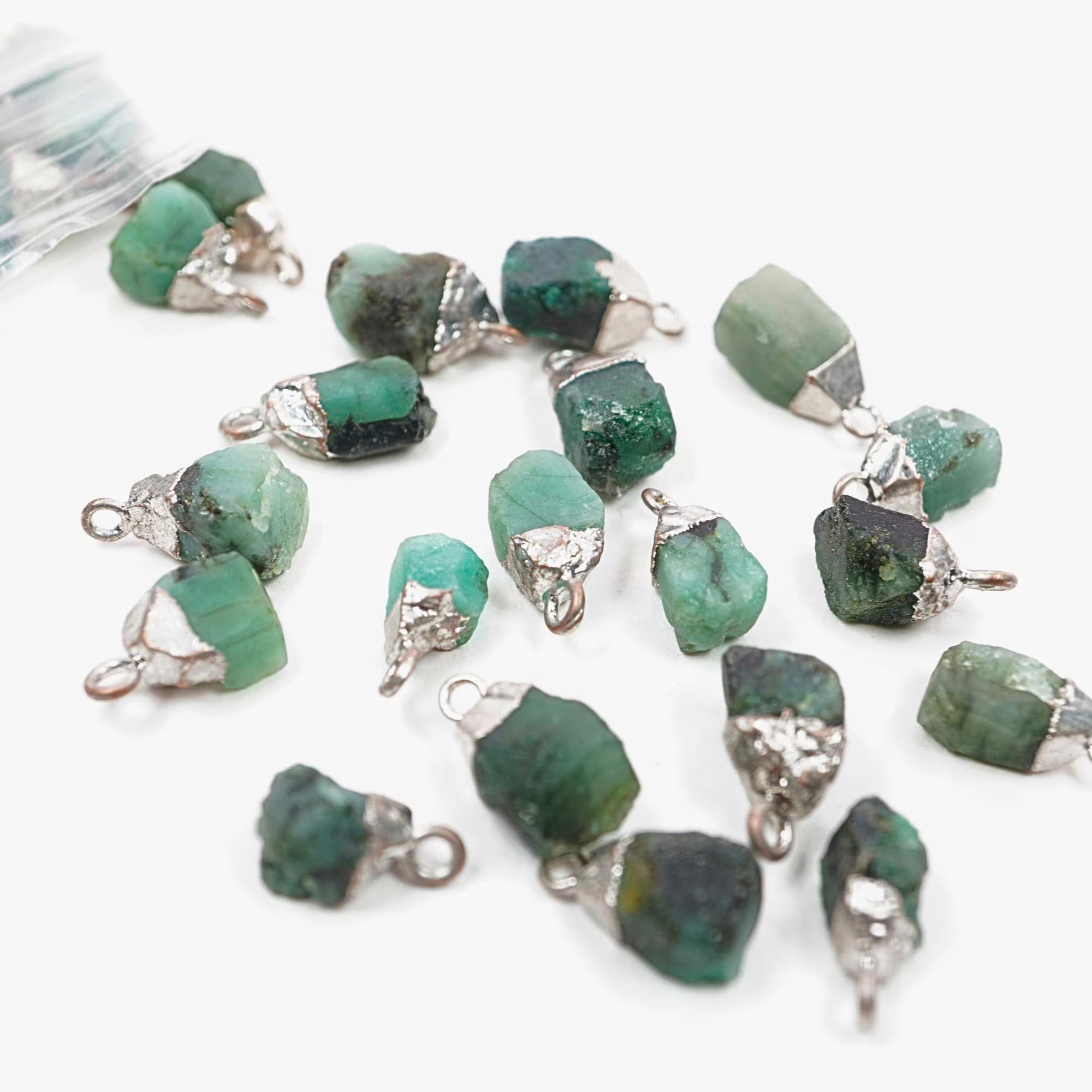 Emerald Rough Shape Gemstone Silver Electroplated Charm Pendant