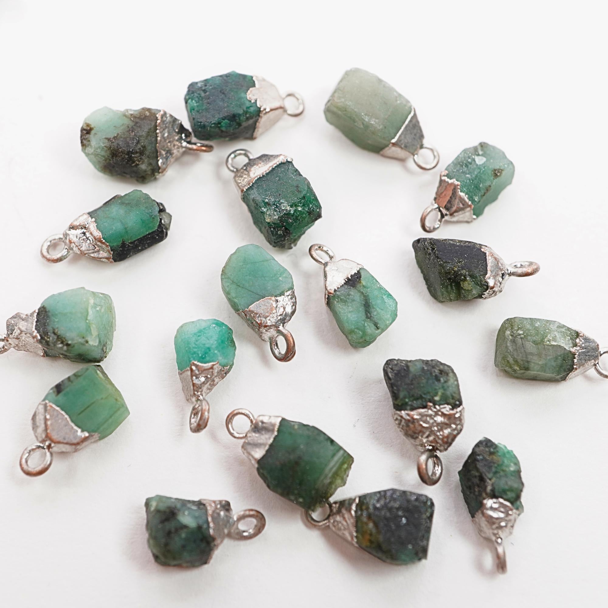 Emerald Rough Shape Gemstone Silver Electroplated Charm Pendant