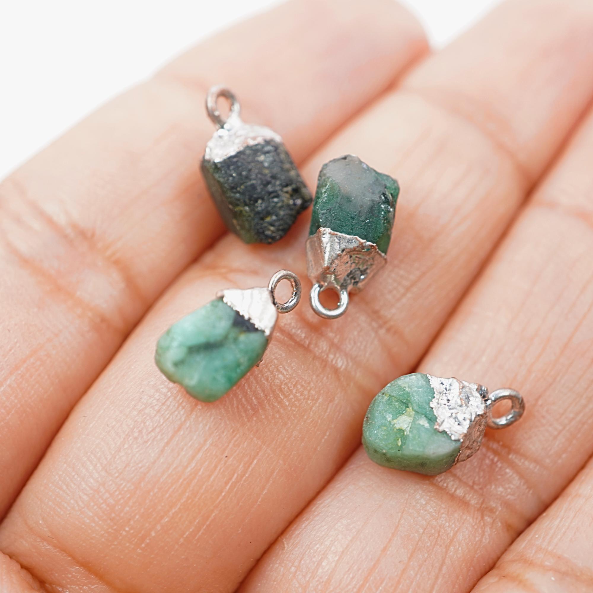 Emerald Rough Shape Gemstone Silver Electroplated Charm Pendant