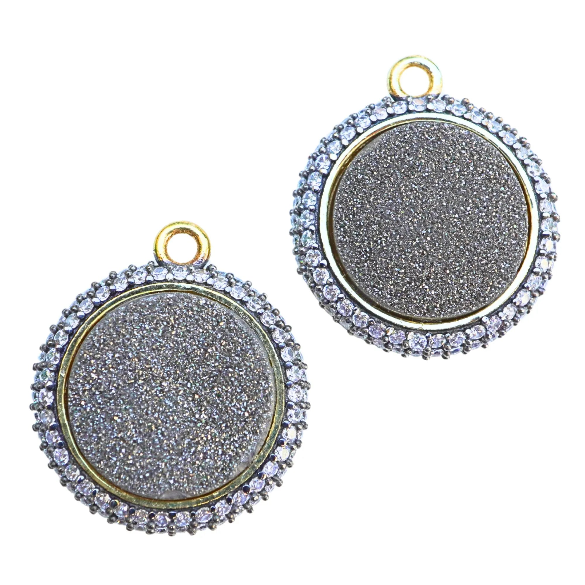 Fancy Black Druzy Coin Gold Plated Sterling Silver Pendant