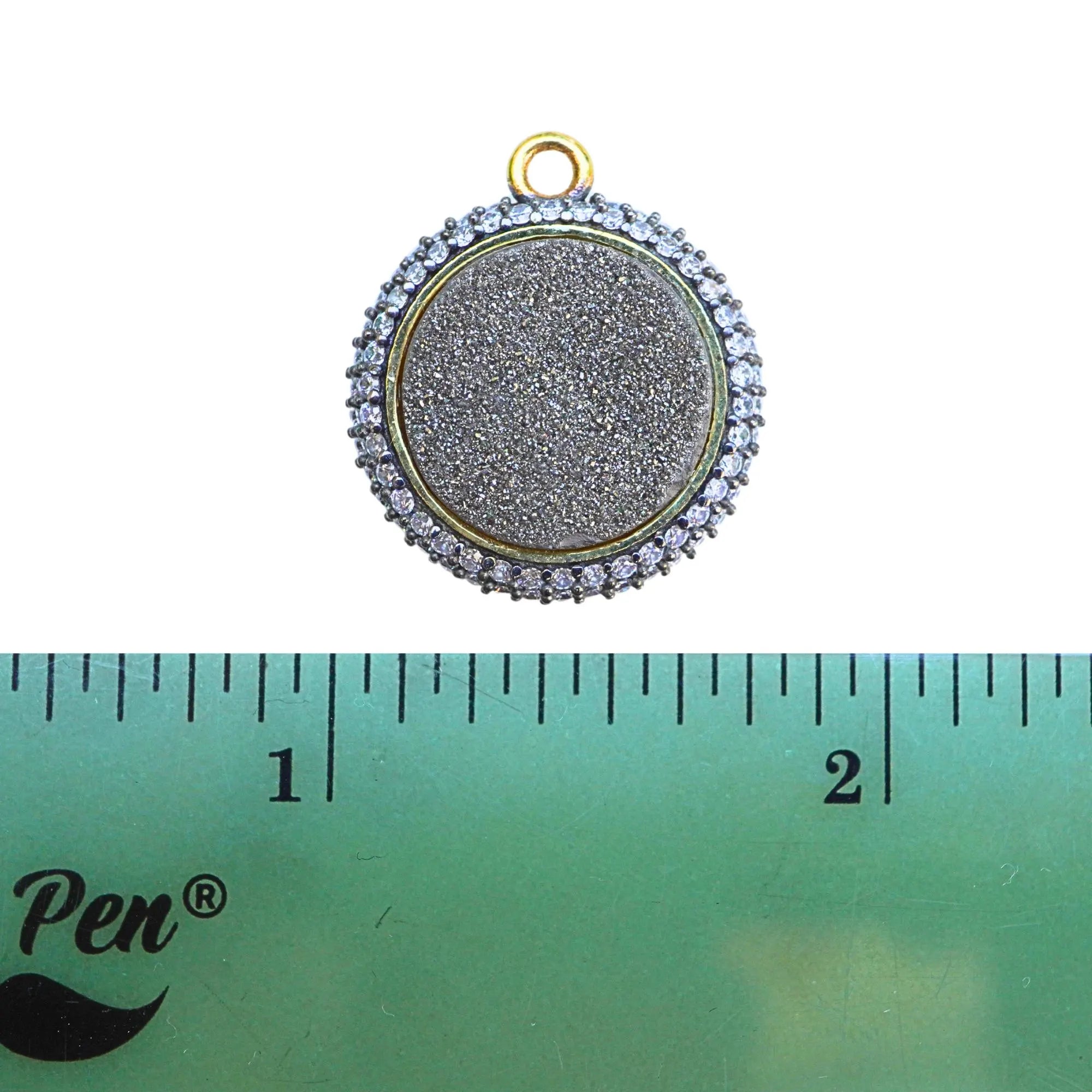 Fancy Black Druzy Coin Gold Plated Sterling Silver Pendant