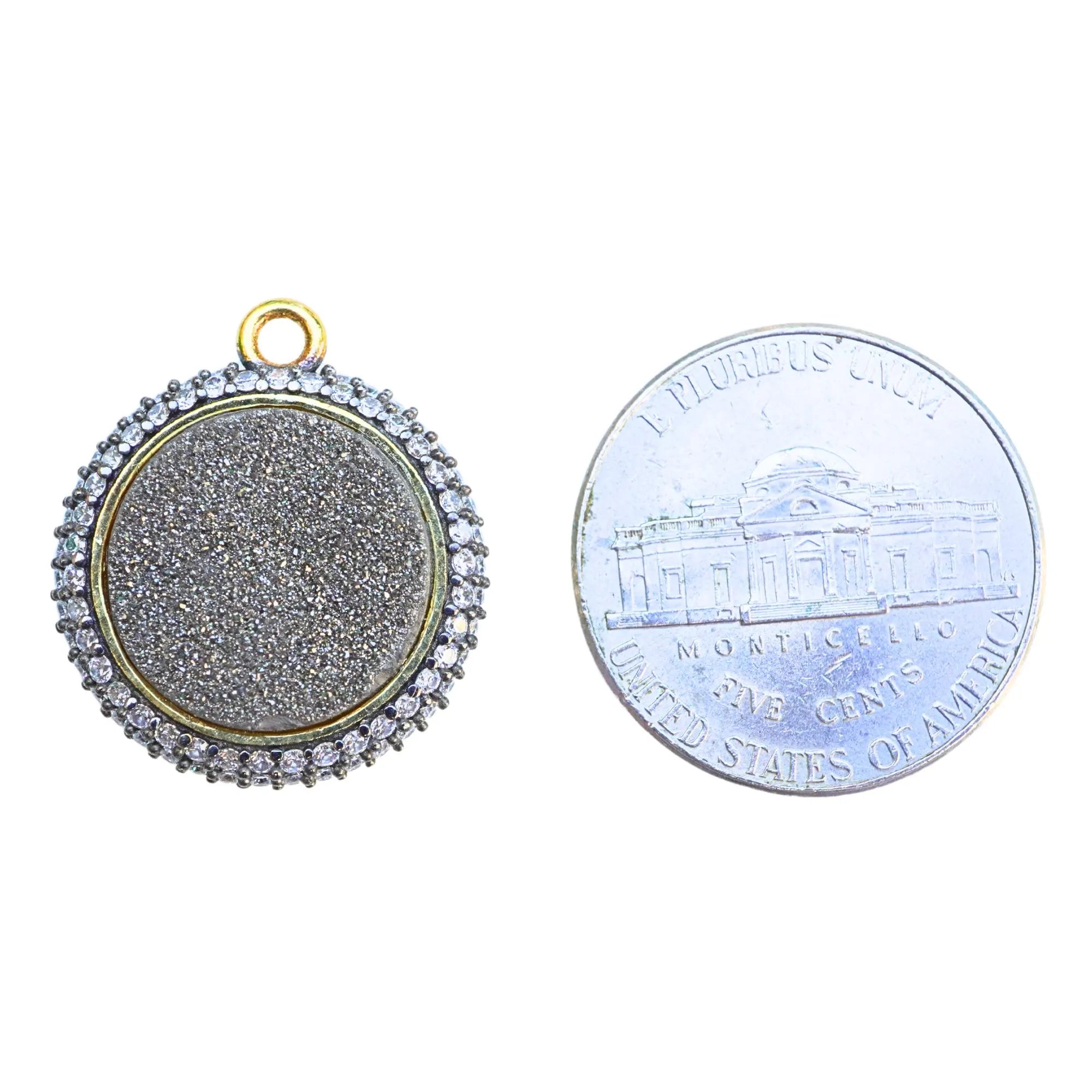 Fancy Black Druzy Coin Gold Plated Sterling Silver Pendant