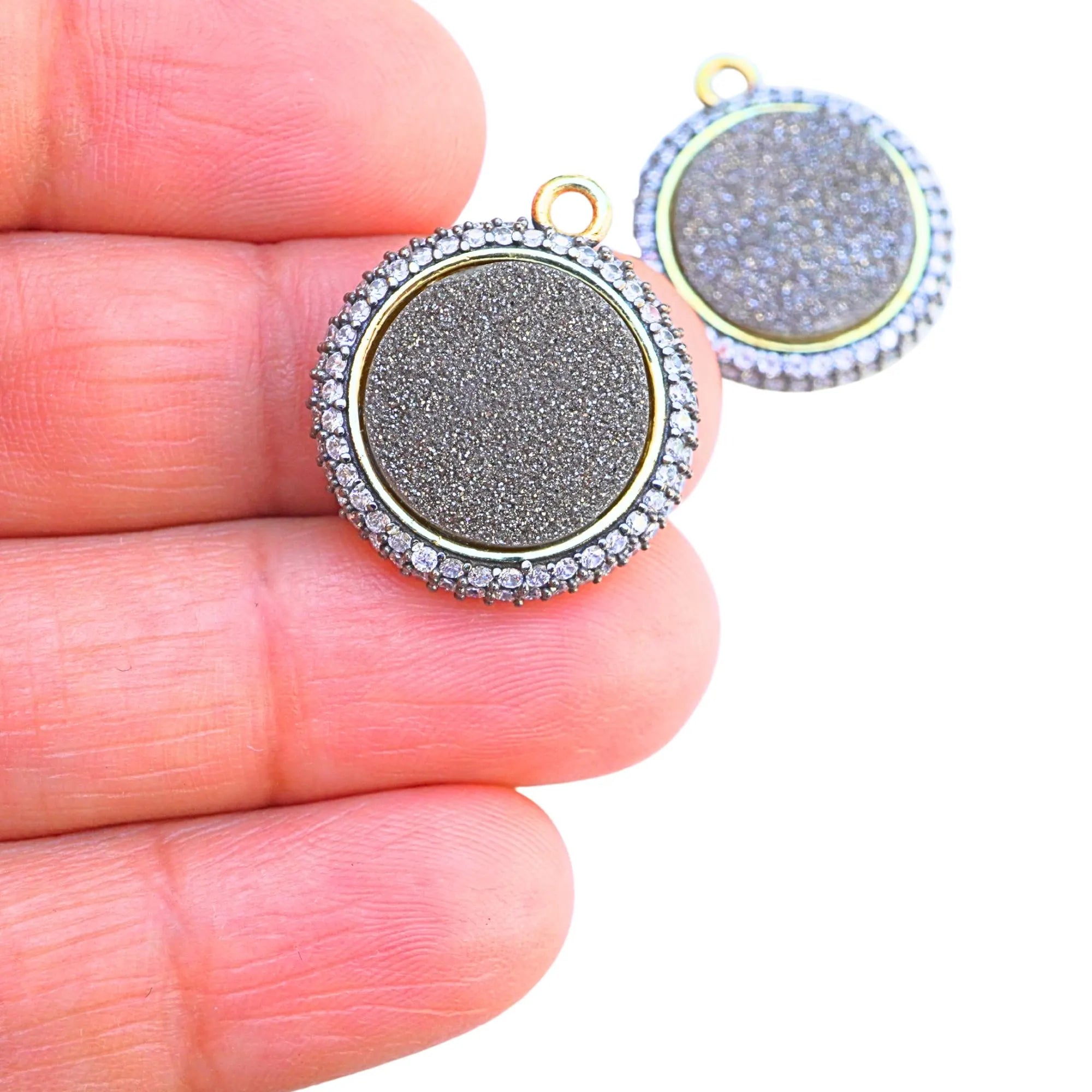 Fancy Black Druzy Coin Gold Plated Sterling Silver Pendant