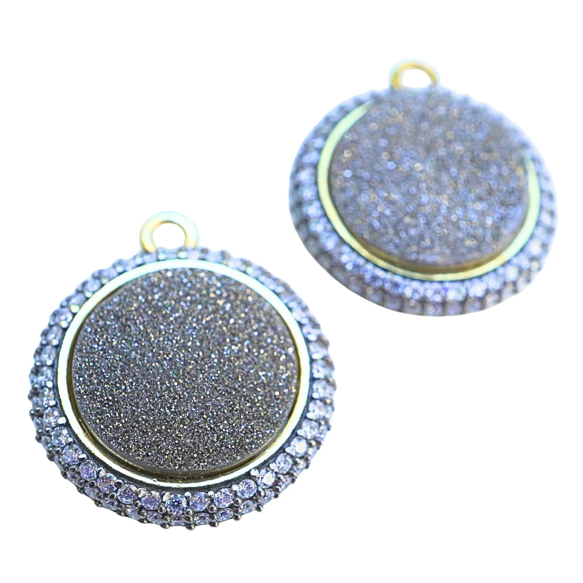 Fancy Black Druzy Coin Gold Plated Sterling Silver Pendant
