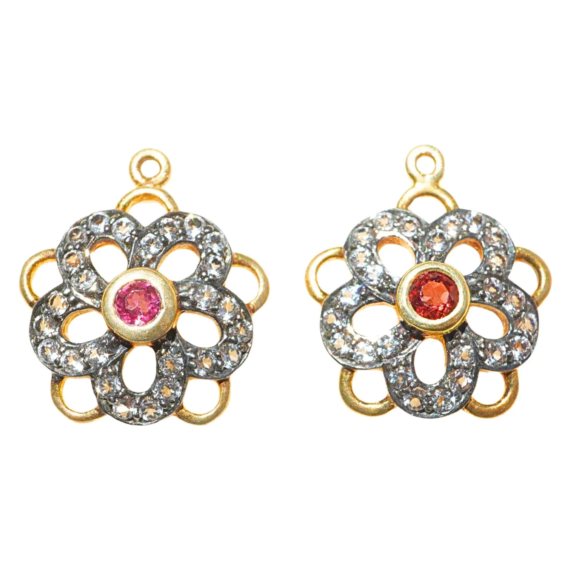 Garnet & Ruby CZ Micro Pave Flower Shape Charm Pendant Sterling Silver Gold Plated