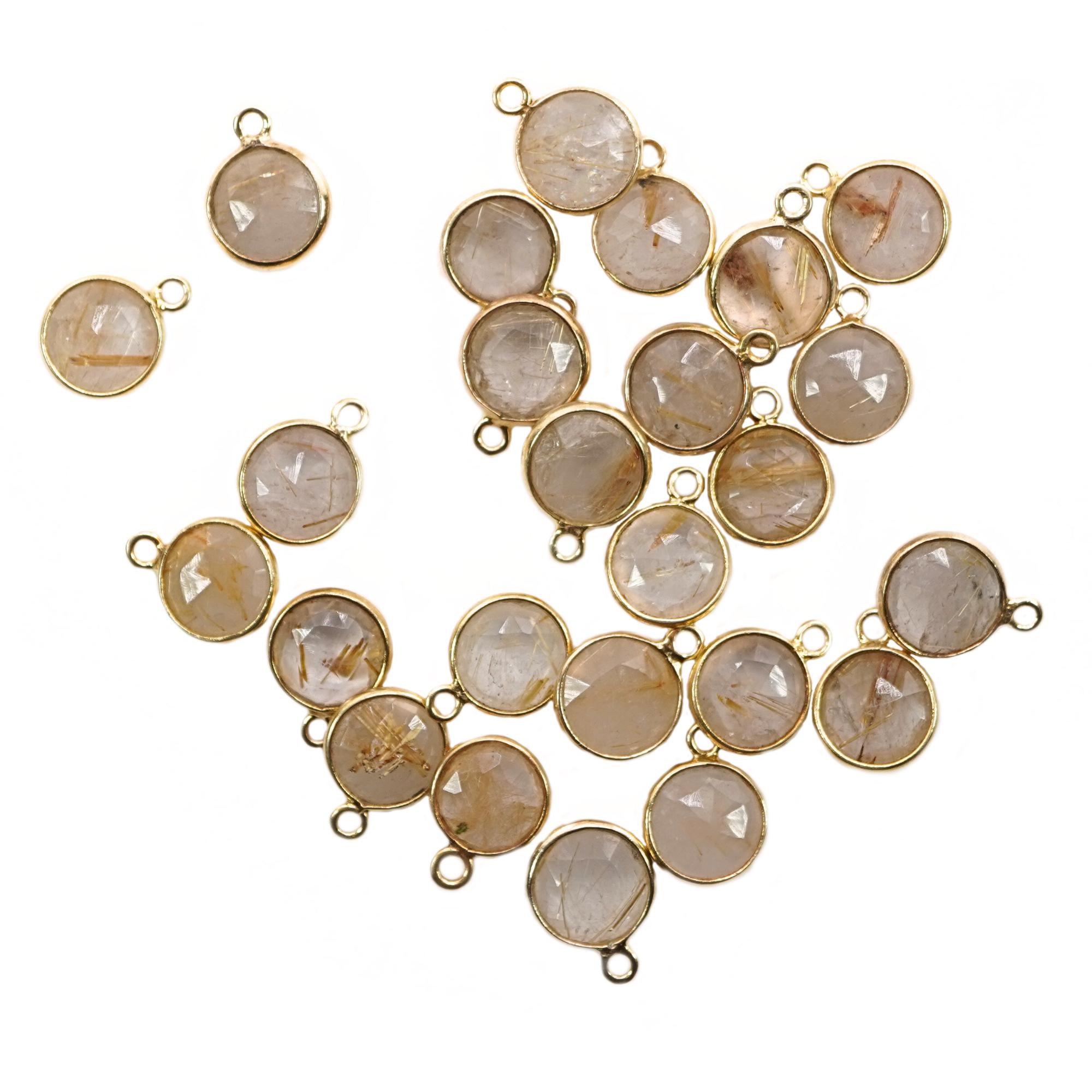 Golden Rutile Quartz Coin Shape Gemstone Gold Plated Sterling Silver Bezel Charm Pendant