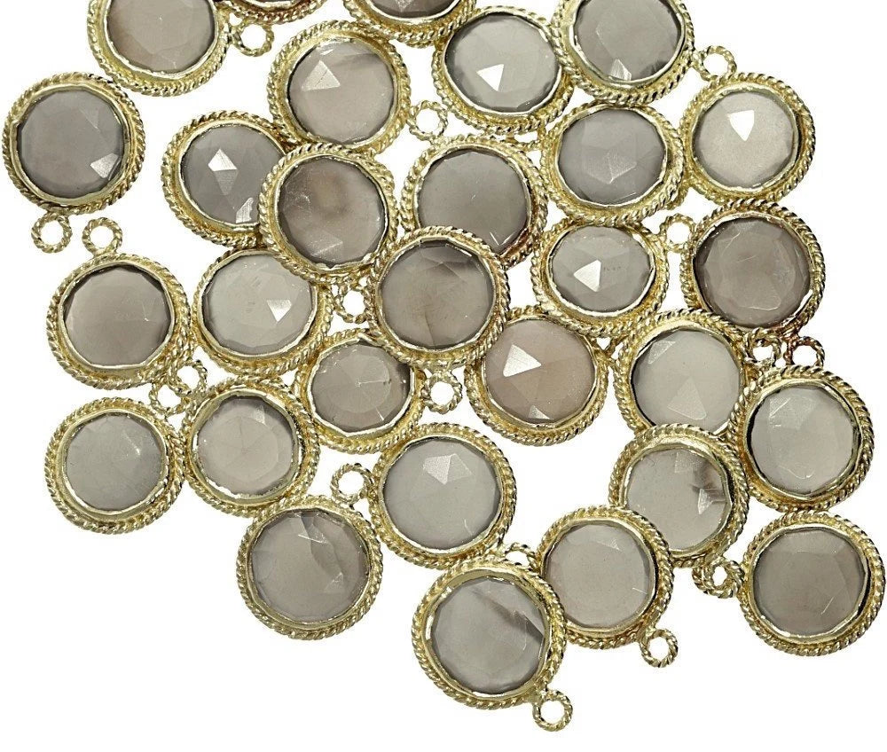 Gray Moonstone Coin Twisted Wire Charm Pendant 9-10 MM Gold Plated Sterling Silver 1 Piece