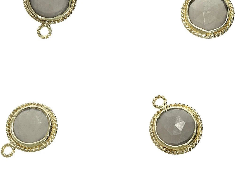 Gray Moonstone Coin Twisted Wire Charm Pendant 9-10 MM Gold Plated Sterling Silver 1 Piece