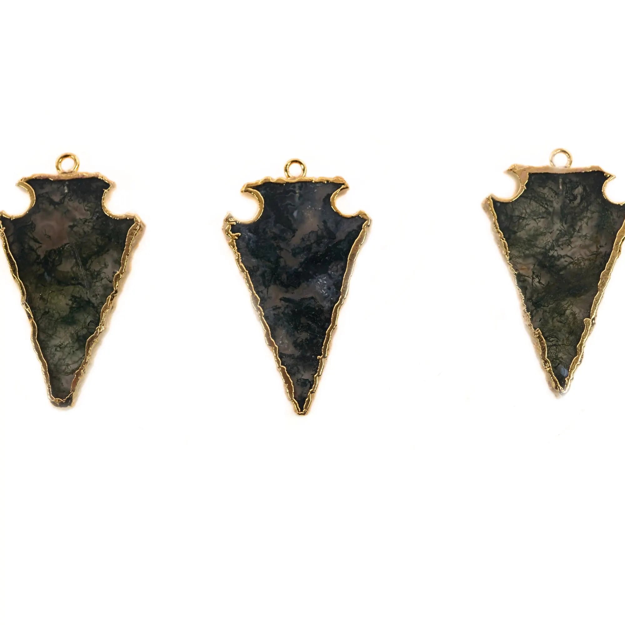 Moss Agate Smooth Arrowhead Shape Gemstone Gold Electroplated Charm Pendant