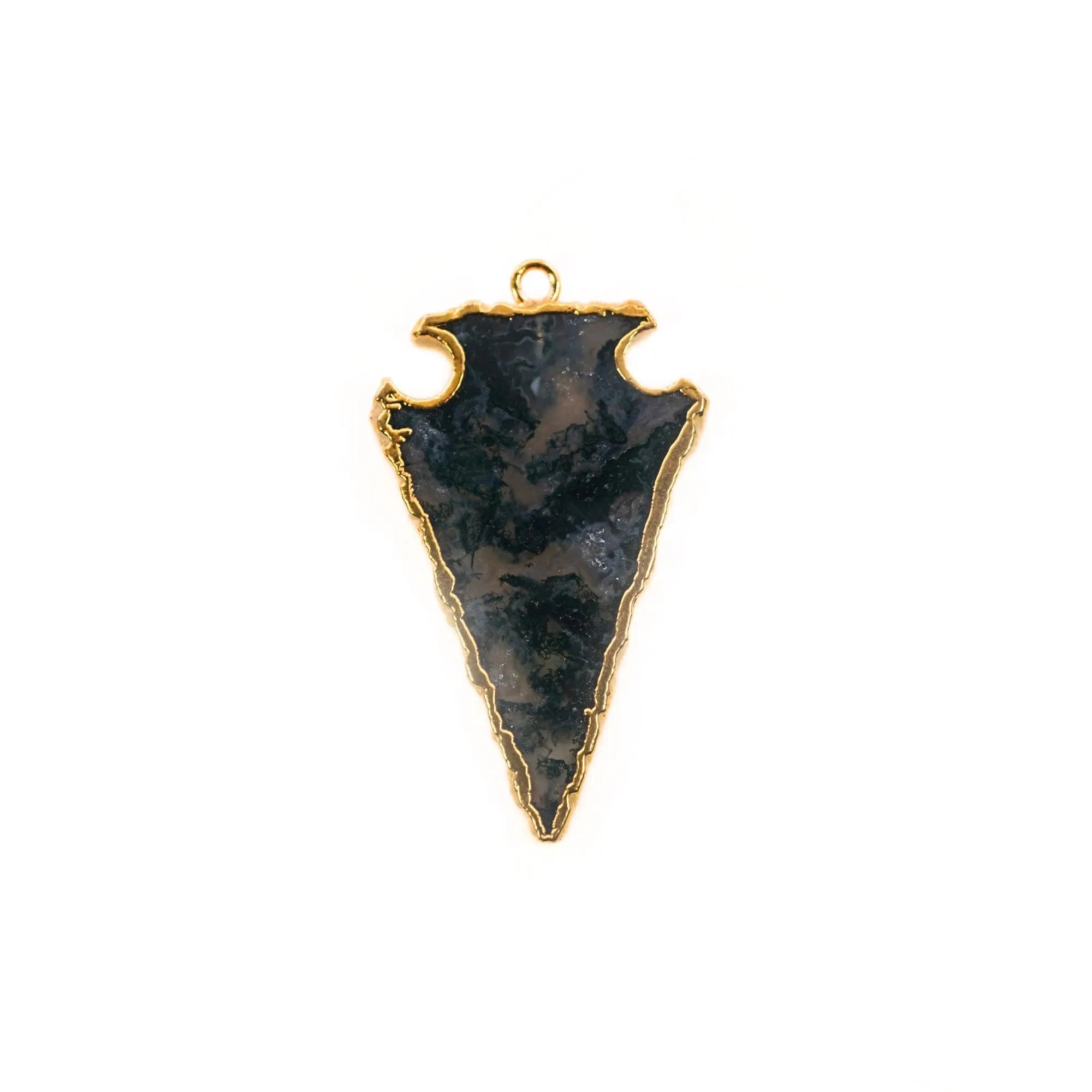 Moss Agate Smooth Arrowhead Shape Gemstone Gold Electroplated Charm Pendant