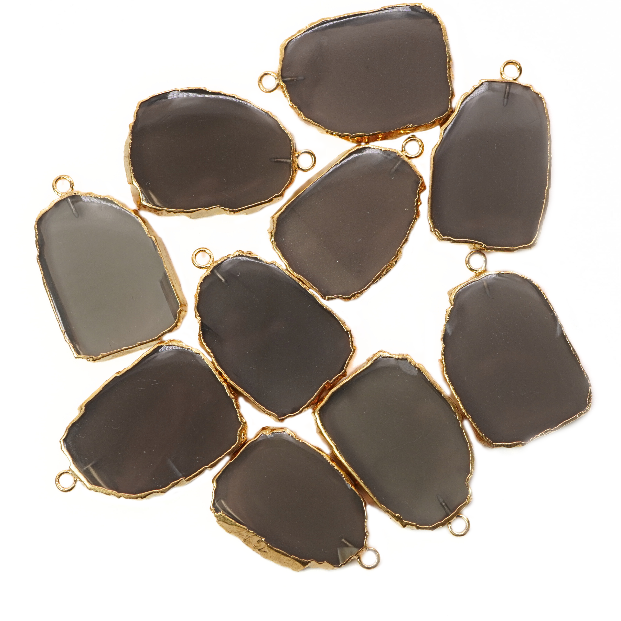 Smoky Quartz Irregular Slice Gemstone Gold Electroplated Charm Pendant