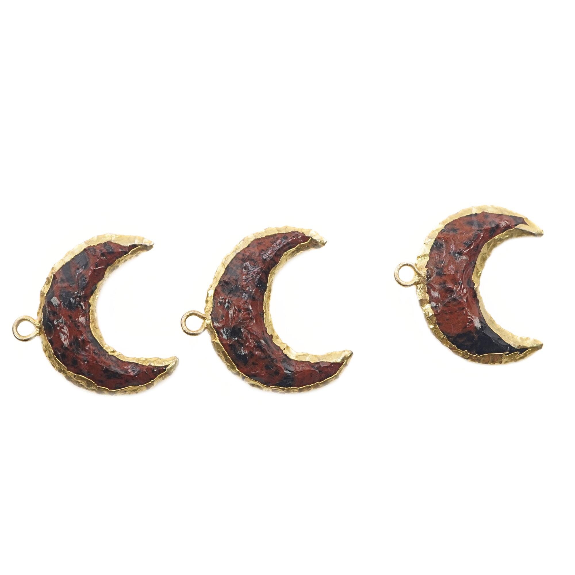 Mahogany Obsidian Crescent Moon Gold Electroplated Charm Pendant