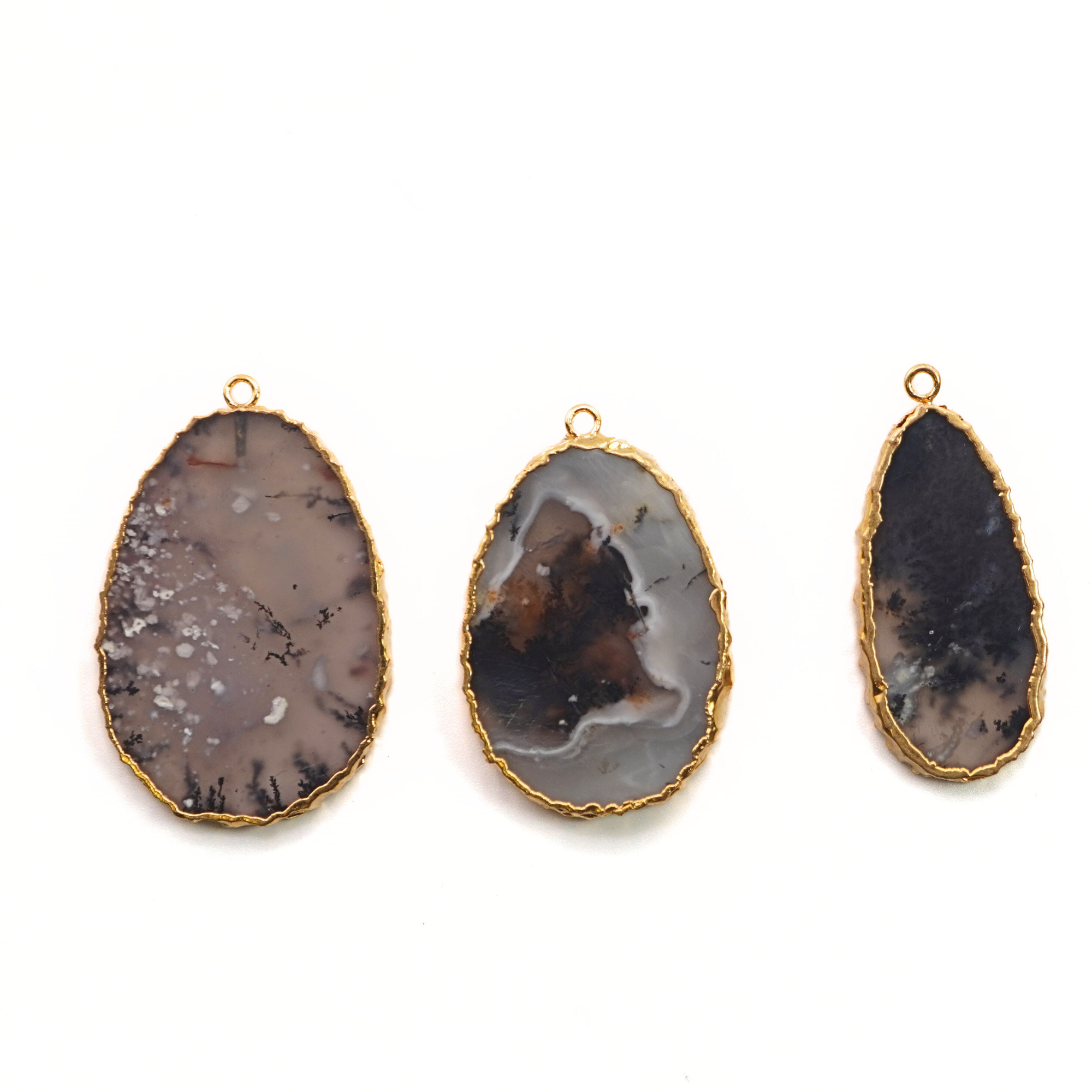 Moss Agate Slice Shape Gemstone Gold Electroplated Pendant Charm