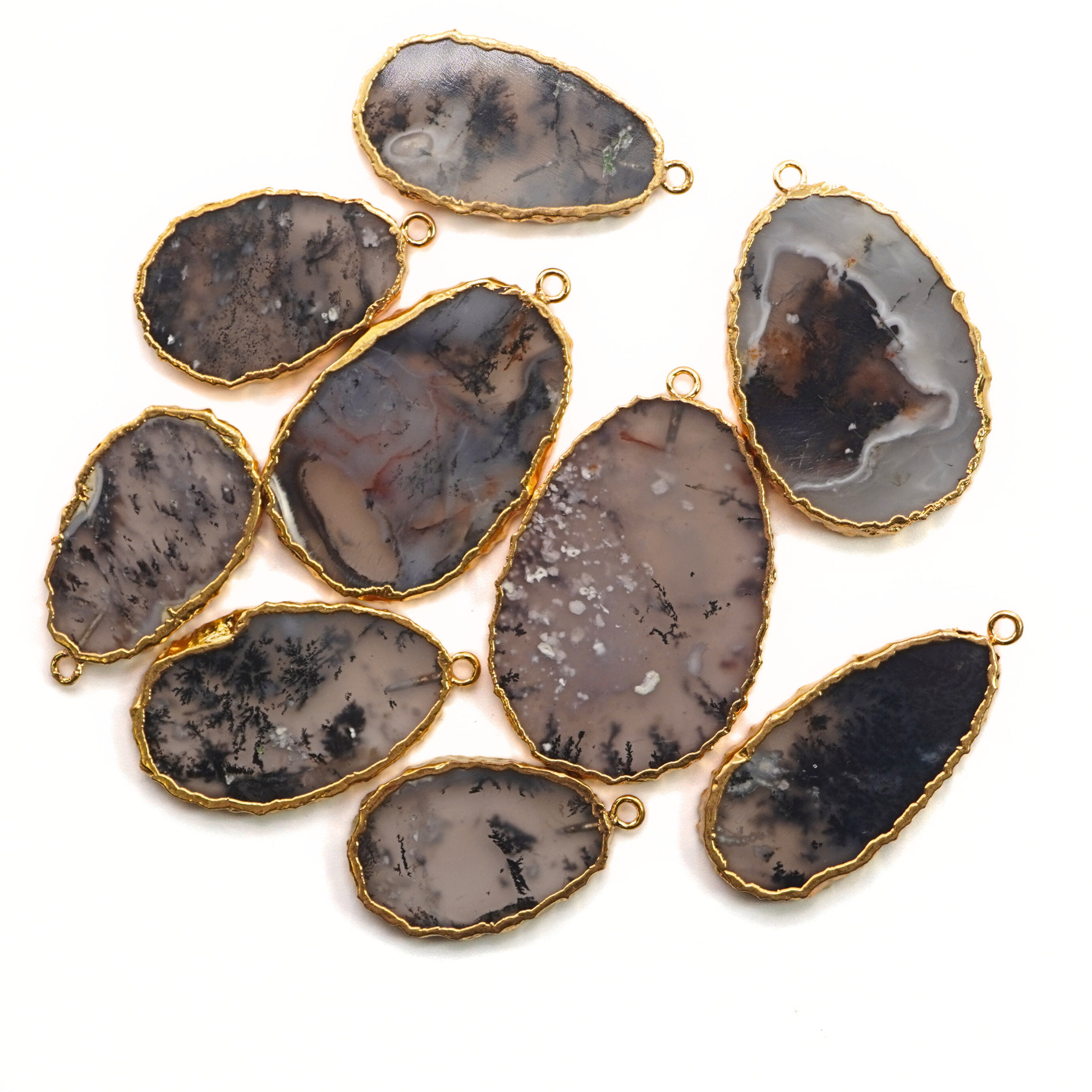Moss Agate Slice Shape Gemstone Gold Electroplated Pendant Charm
