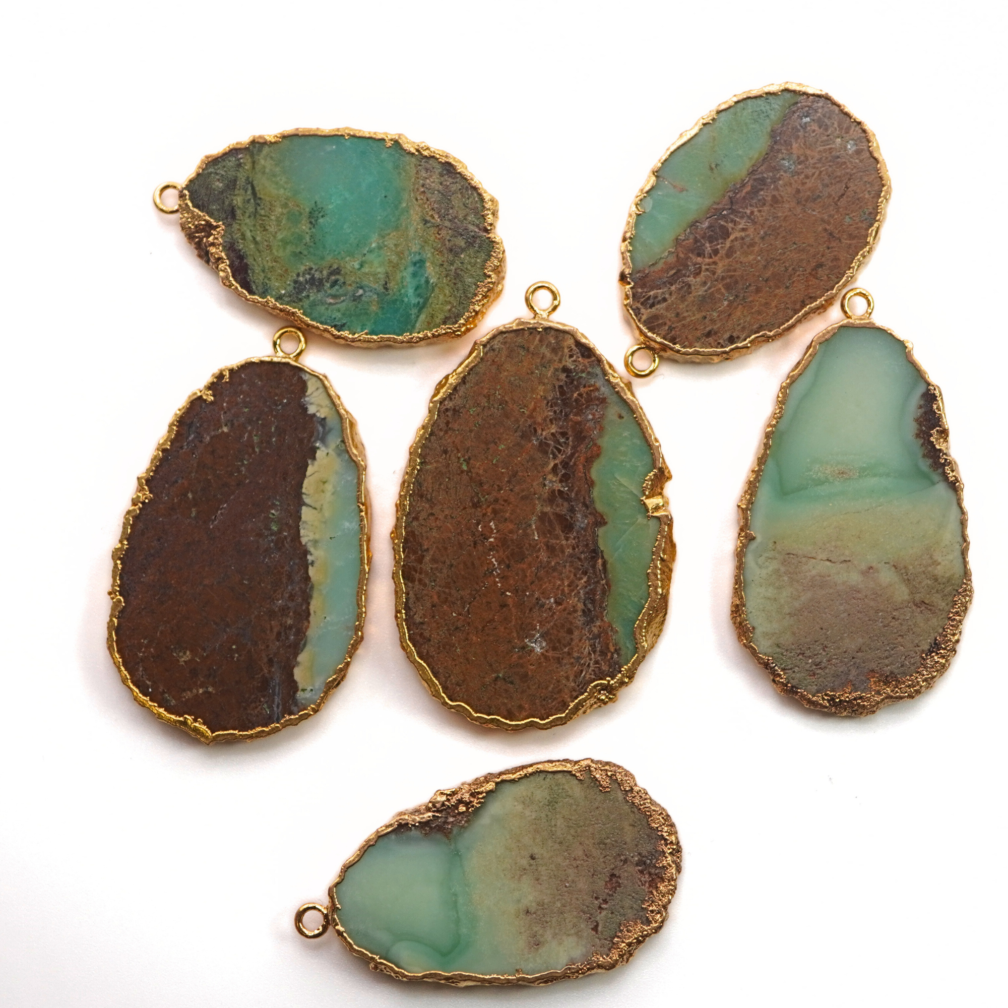Chrysoprase Irregular Slice Gemstone Pendant Charm Gold Electroplated