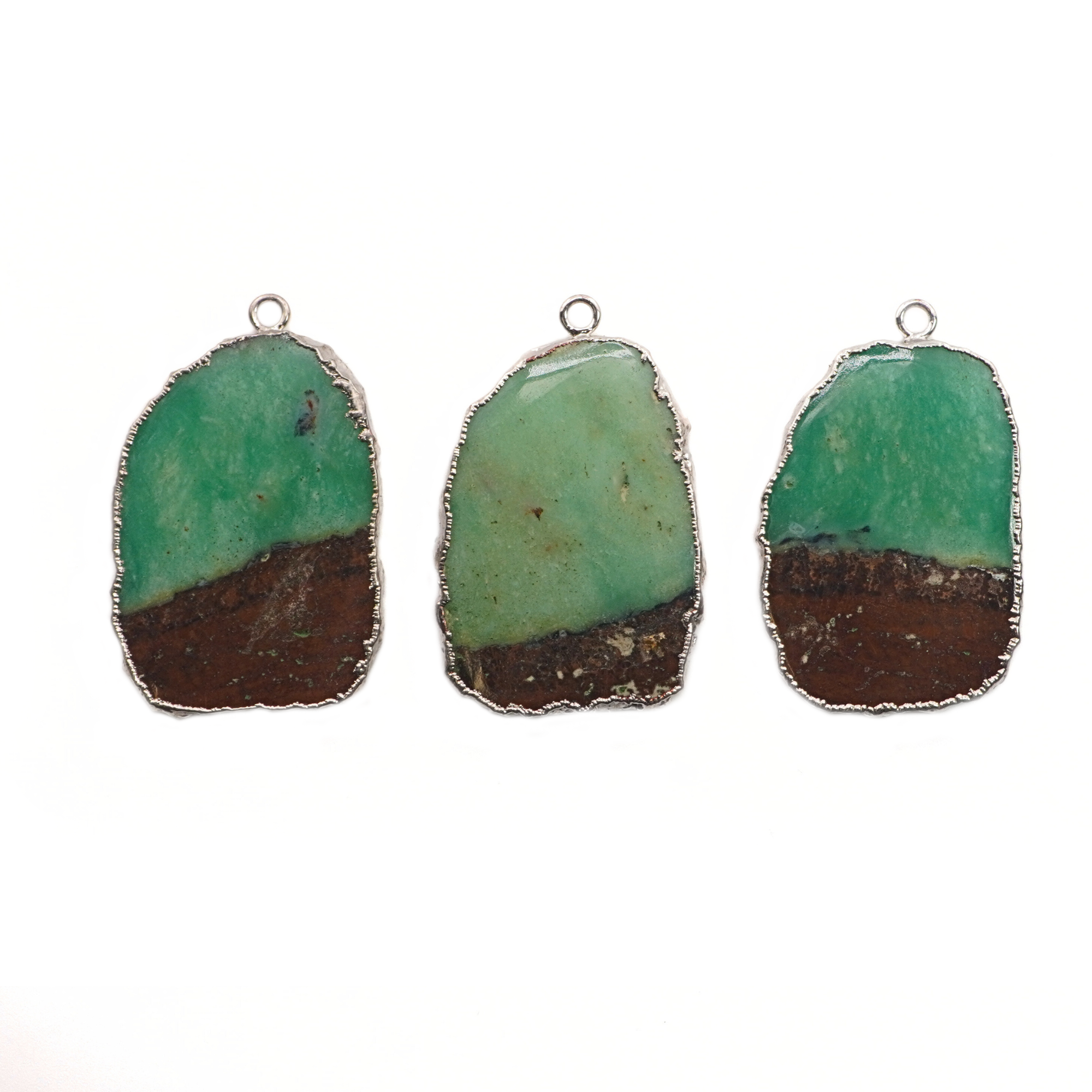 Chrysoprase Irregular Slice Gemstone Large Charm Pendant Silver Electroplated