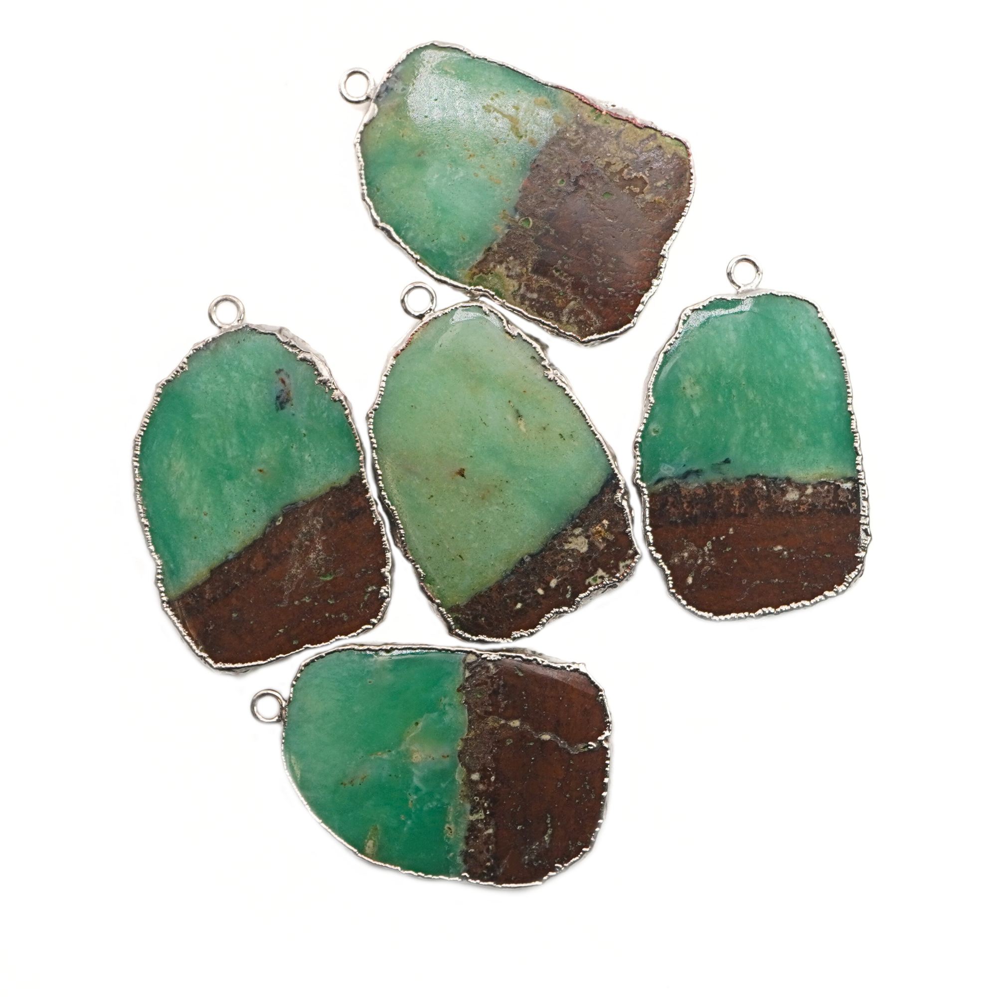 Chrysoprase Irregular Slice Gemstone Large Charm Pendant Silver Electroplated