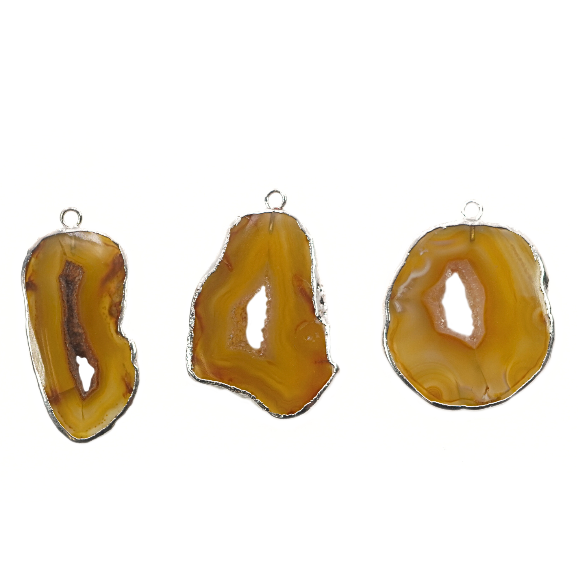 Yellow Banded Agate Slice Shape Druzy Gemstone Silver Electroplated Pendant Charm