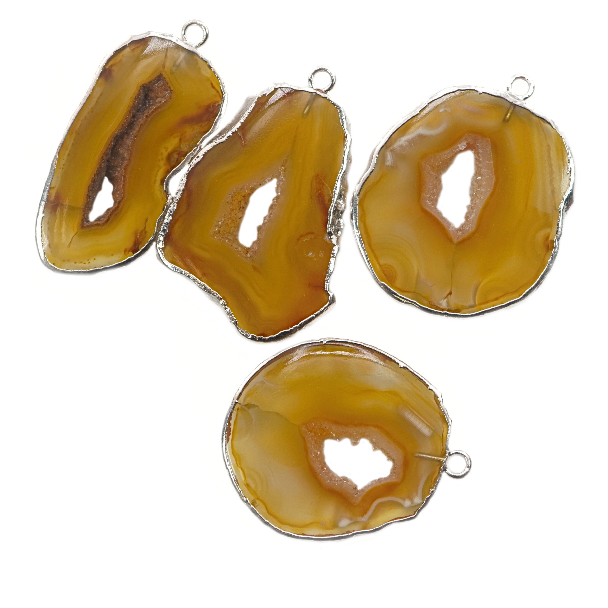 Yellow Banded Agate Slice Shape Druzy Gemstone Silver Electroplated Pendant Charm