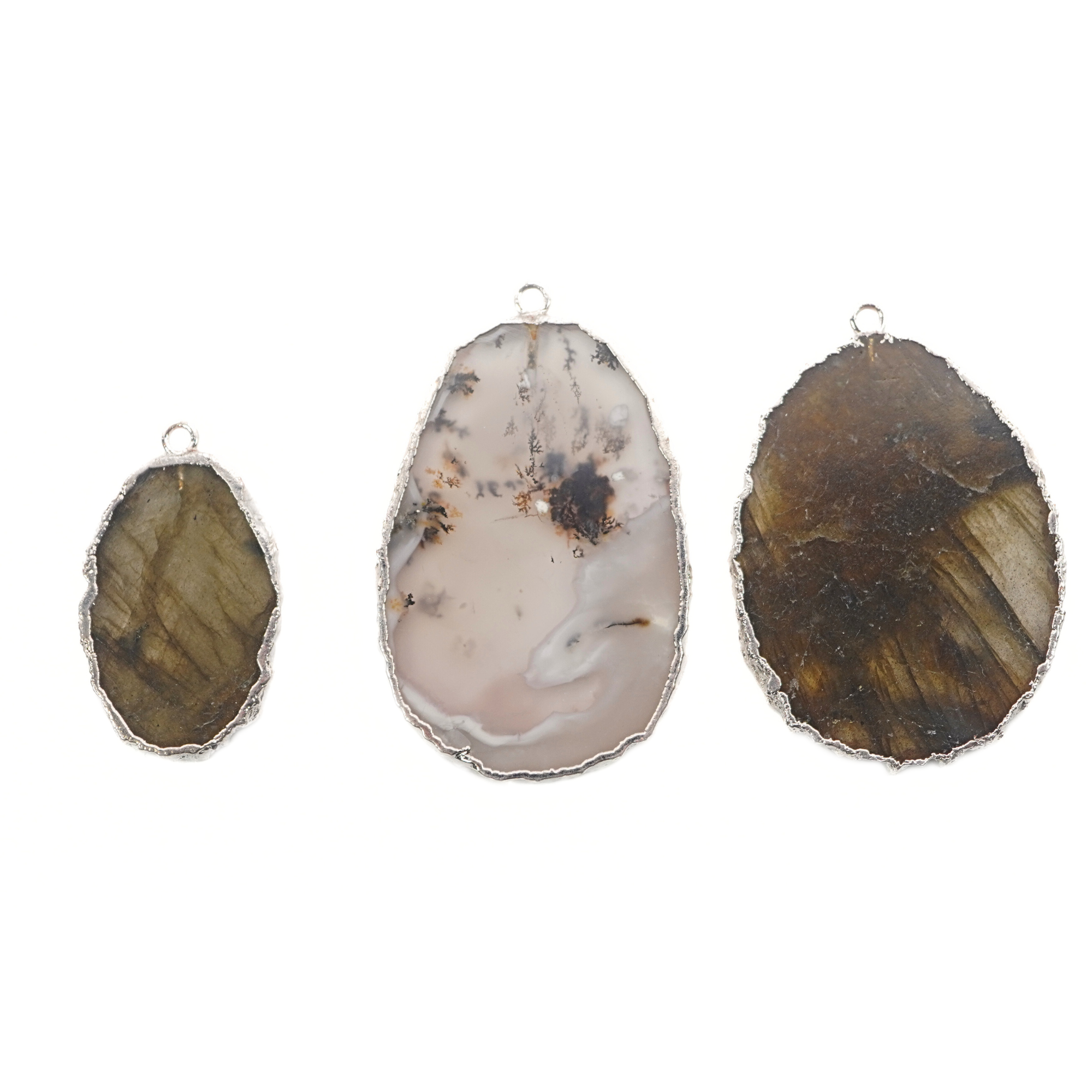 Moss Agate Smooth Oval Gemstone Silver Electroplated Charm Pendant