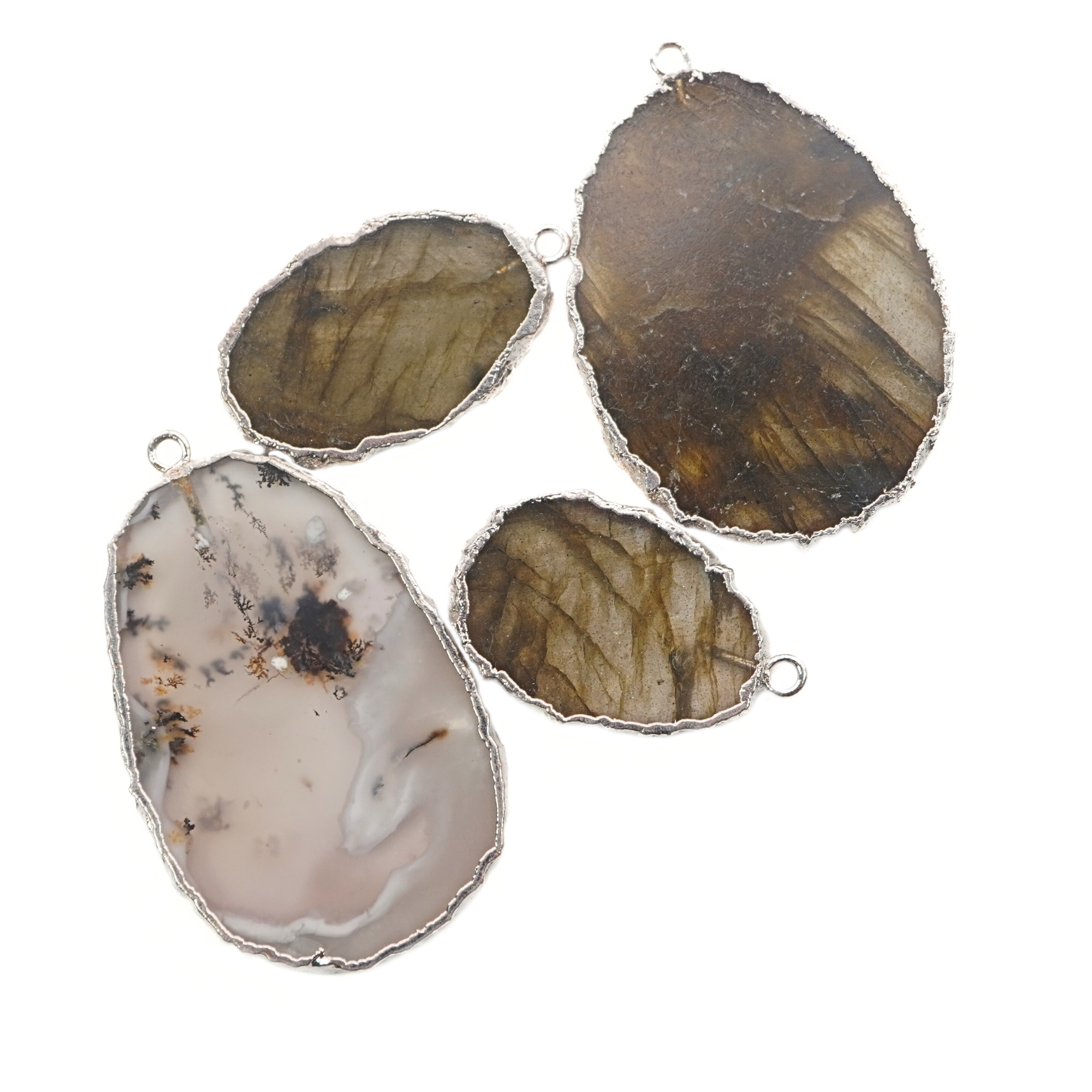 Moss Agate Smooth Oval Gemstone Silver Electroplated Charm Pendant