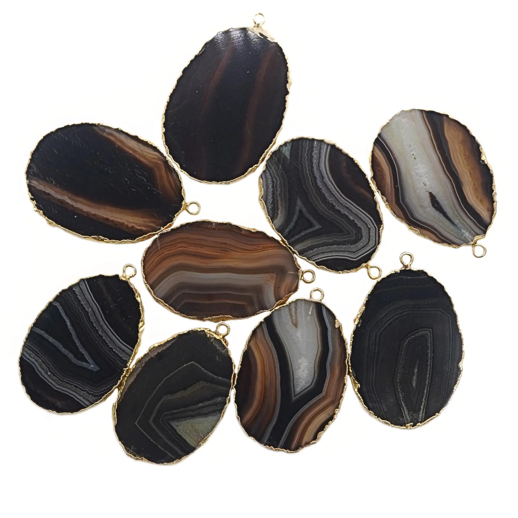 Black Banded Agate Oval Slice Shape Gemstone Gold Electroplated Charm Pendant